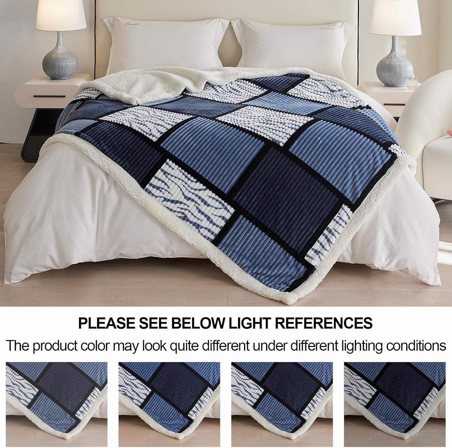 Blanket for Women, Sherpa Throw Blanket for Couch, Flannel Cozy Soft Checkered Blanket for Bed - Fleece, Black-White, 60x80 Inches