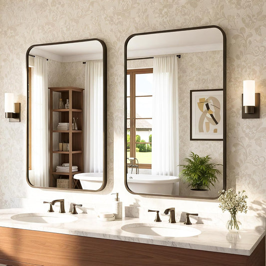 Antok 2-Pack Bathroom Mirrors, 22"x30" Double Wall Mirrors, Decorative Mirror Vanity Mirror Aluminum Alloy Frame Contemporary Hanging for Living Room Bathroom Entryway, Black