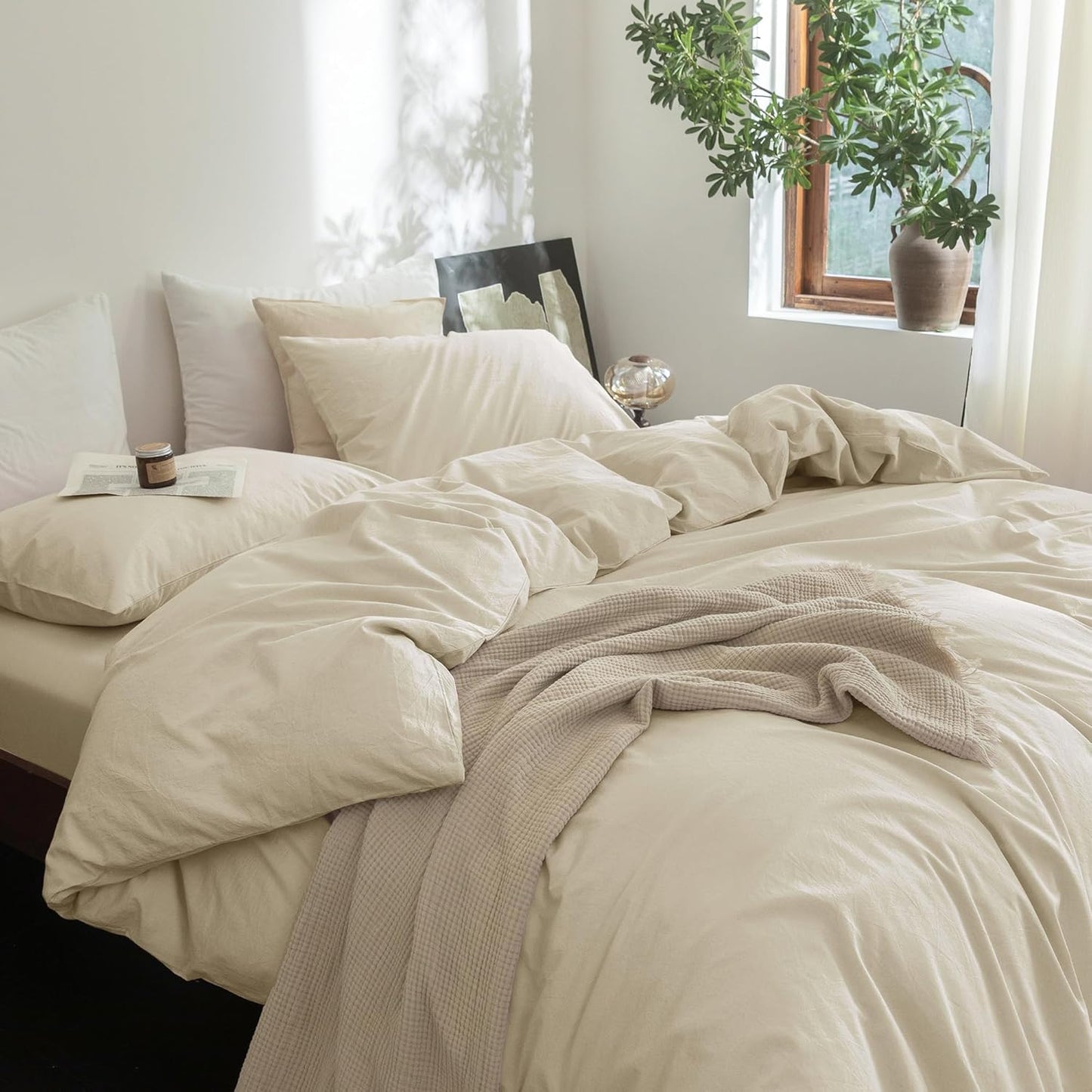 FOSSA Duvet Cover Set 100% Washed Cotton Linen Feel Super Soft Breathable Cozy 3 Pieces Bedding Sets Solid Almond Grey Oversized King Plus