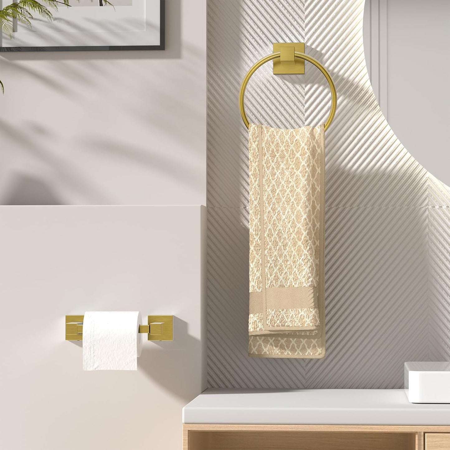 FORIOUS Toilet Paper Holder Wall Mount and Hand Towel Ring Set, SUS 304 Stainless Steel Double Post Pivoting Tissue Roll Holder, Modern Bathroom Hardware Accessories Set, Brushed Gold