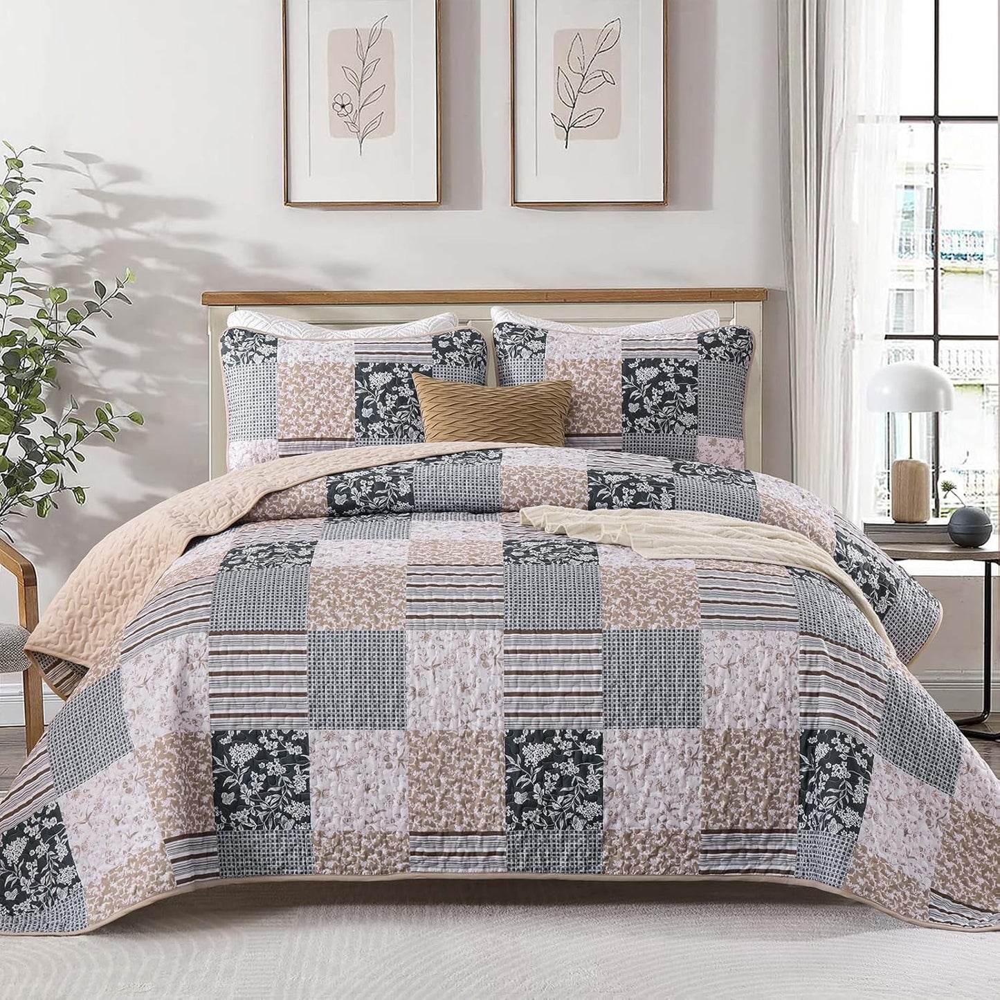 Mybedsoul Patchwork Quilt Set Queen Size, 3 Pieces Blue Brown Floral Plaid Bedspread Coverlet Set, Reversible Soft Microfiber Bedding Set for All Season, Fall Winter Queen 90"x96"