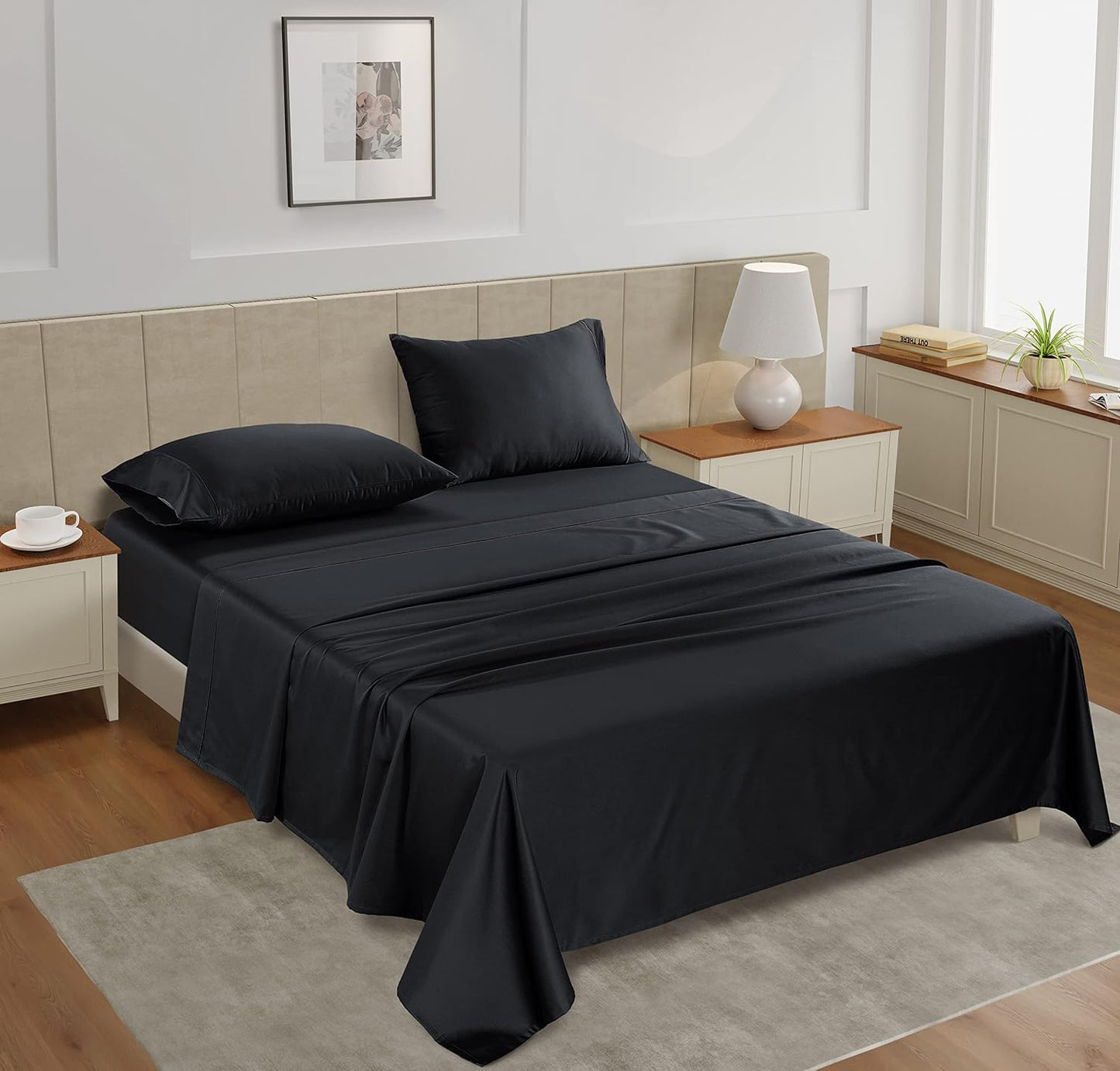LANE LINEN Twin Size Bed Sheets – 450 Thread Count Cooling & Soft Sateen Weave, 100% Cotton Sheets with 15” Deep Pocket Fully Elasticized Fitted Sheet, Hotel Bedding, Black
