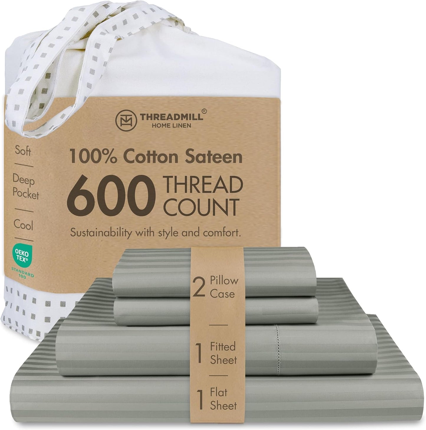 Threadmill 100% Cotton Sheets for Queen Size Bed - 600 Thread Count Queen Bed Sheets Set with 16” Deep Pocket - Damask Stripe Sateen Weave 4-Piece Bedding Set with Cooling Effect, Moonrock Grey