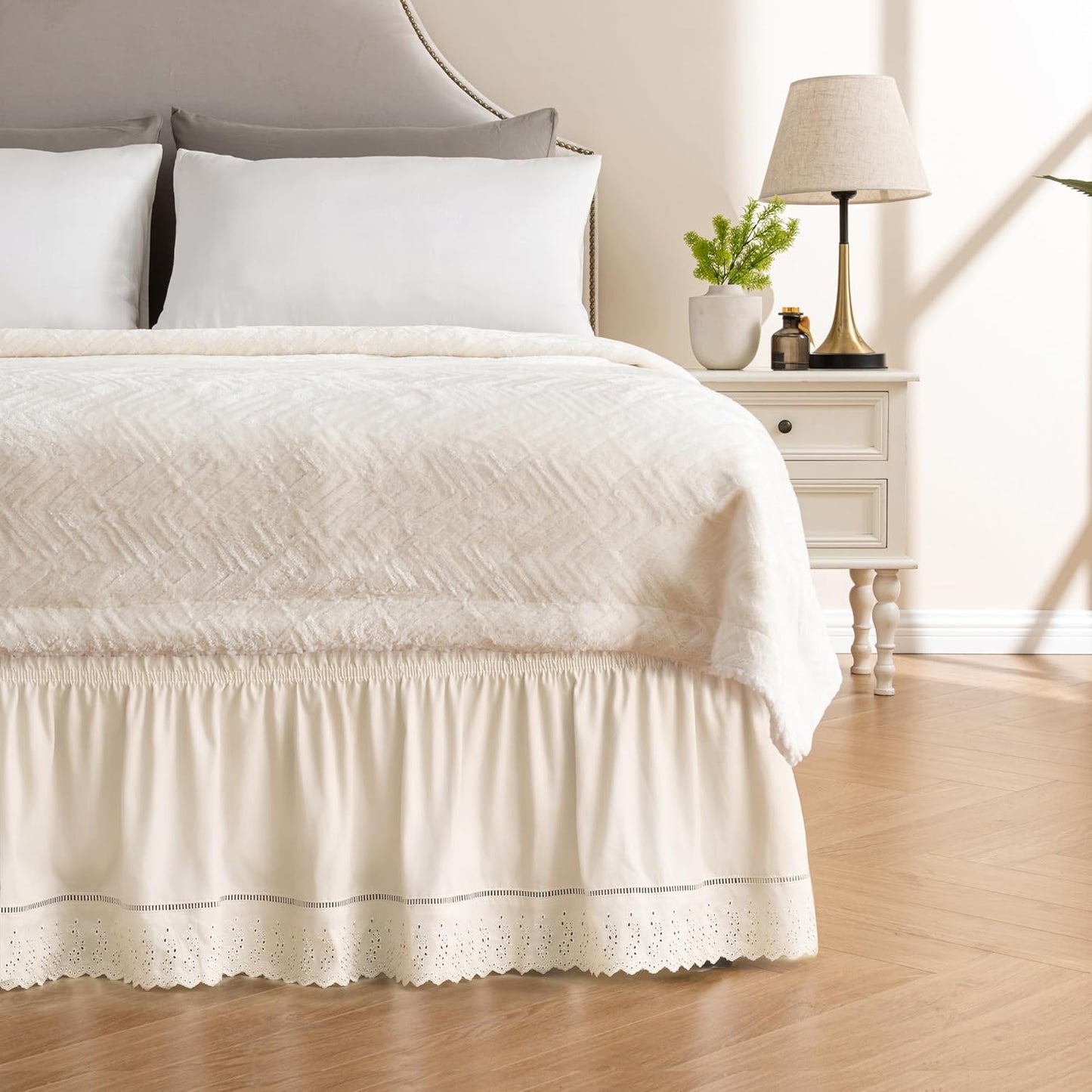 MIYE Wrap Around Ruffled Lace Bed Skirt, Elastic Dust Ruffle with Adjustable Belts, Easy to Put On, Bed Frame Cover, Machine Washable (Embroidered/Light Beige, King/Queen-18 Drop)