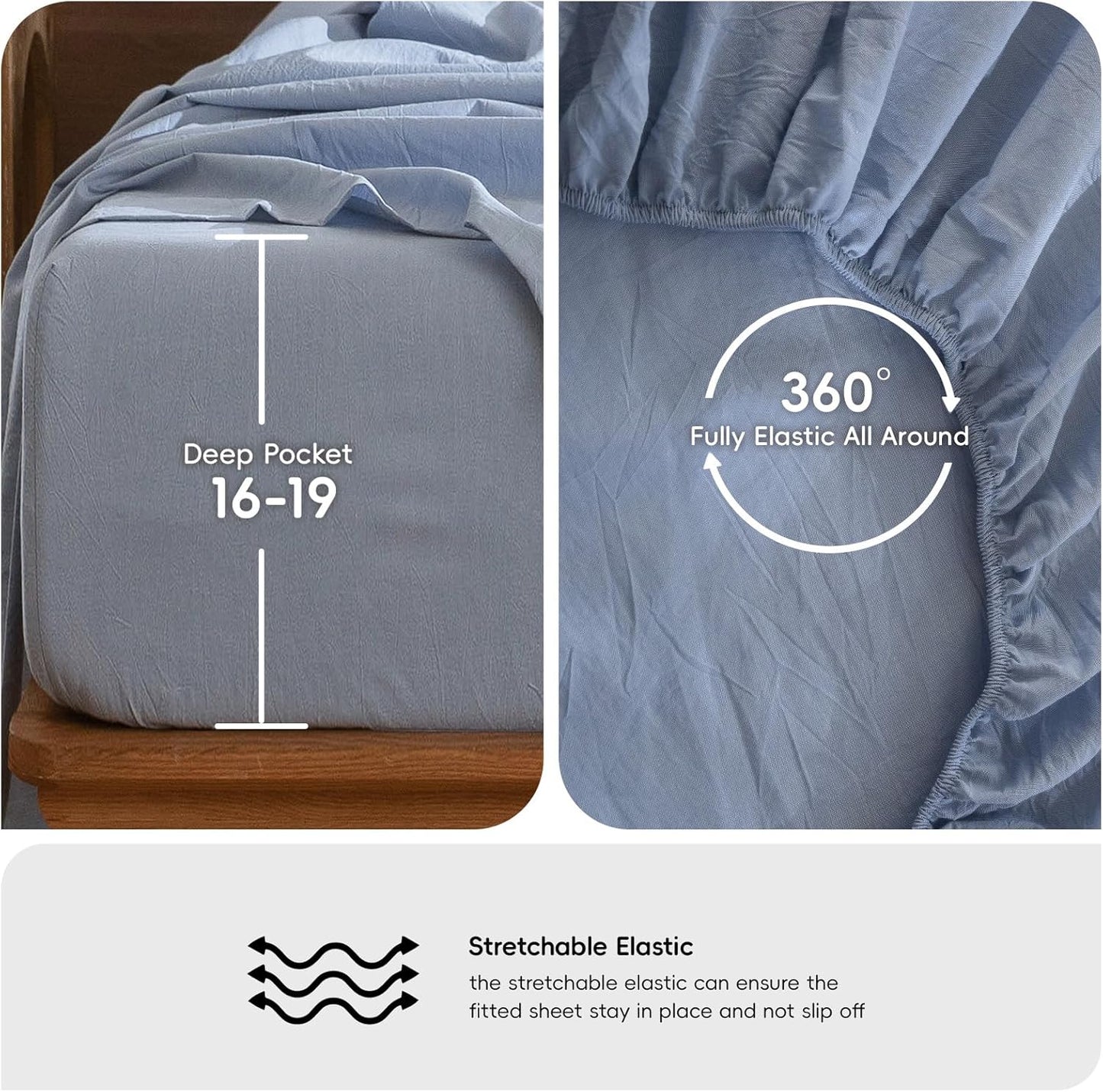 MooMee Bedding Sheet Set 100% Washed Cotton Linen Like Textured Breathable Durable Soft Comfy (Heathered Cornflower Blue, Full)