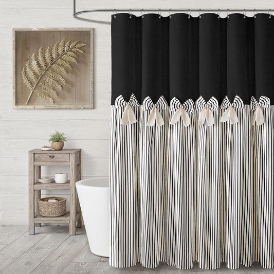 Farmhouse Shower Curtain Linen Blcak Bow Woven Fabric Country Rustic Western, Pleated Black Stripe 72" W x 72" L