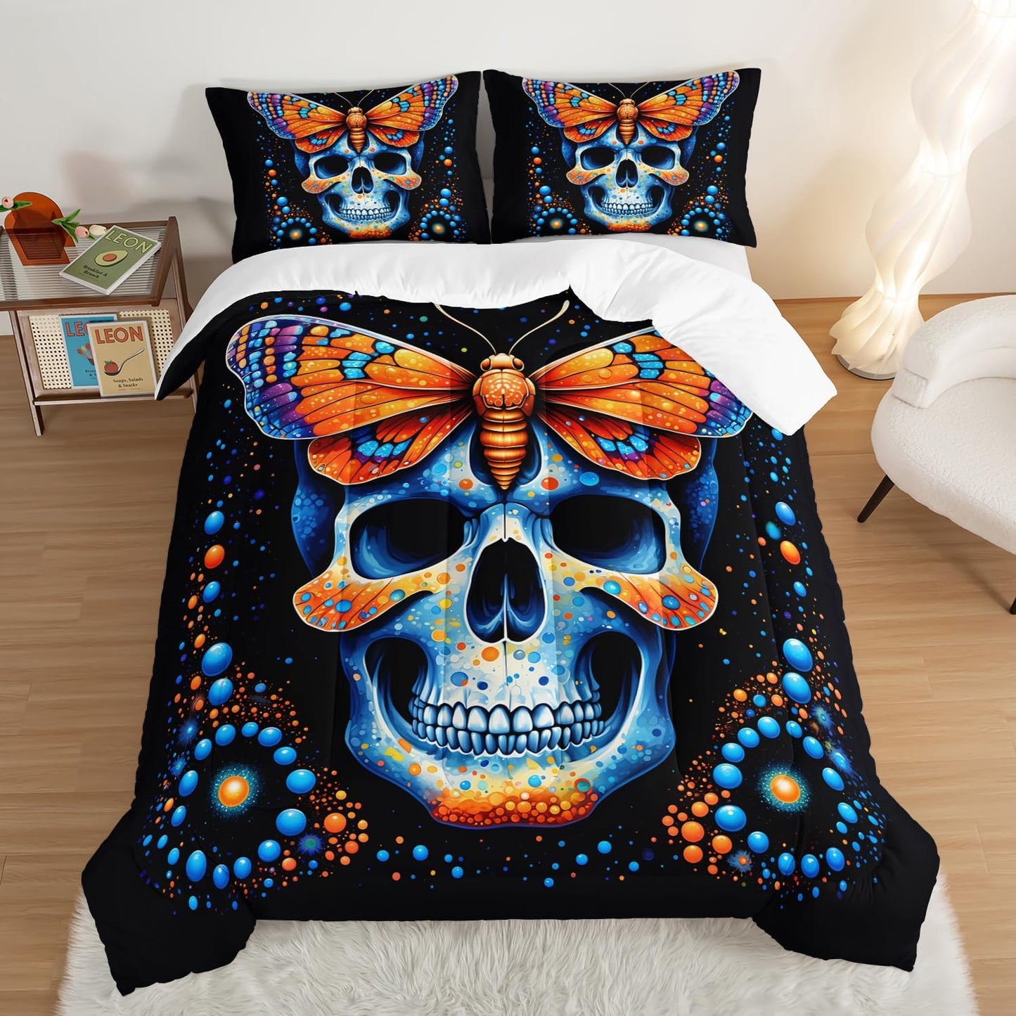 Gothic Skull Comforter Set Queen Size,Blue Orange Granular Ball Butterfly Printed Bedding Comforter Sets,Halloween Horror Themed Comforter Set for Kids,Gothic Bedding Sets with 2 Pillowcases.
