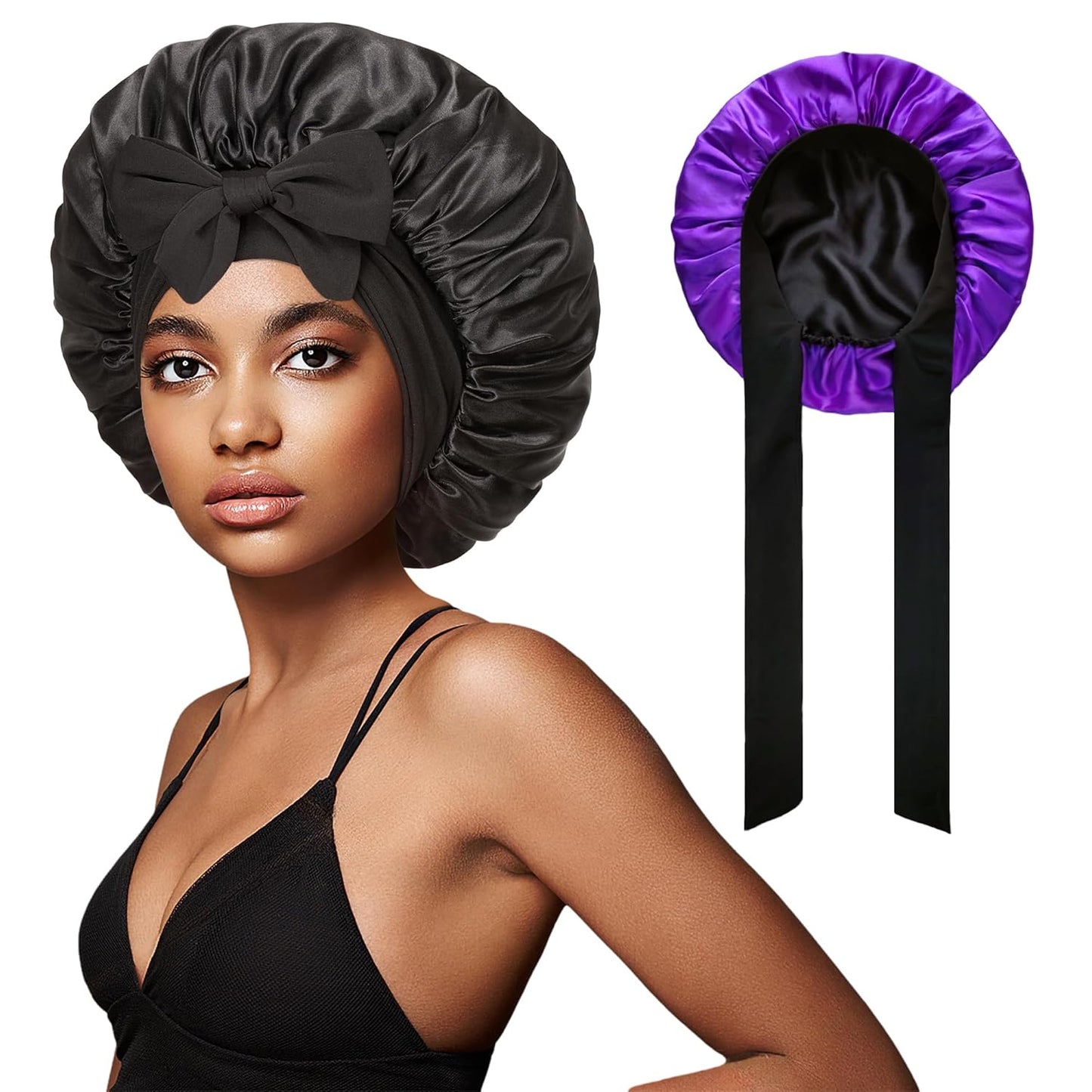 vidsel Bonnet with Tie Band, Hair Care Satin Silk Bonnet for Sleeping Women, Silky Sleep Bonnets for Women, Reversible Double Layer Sleep Cap for Curly Hair Braids