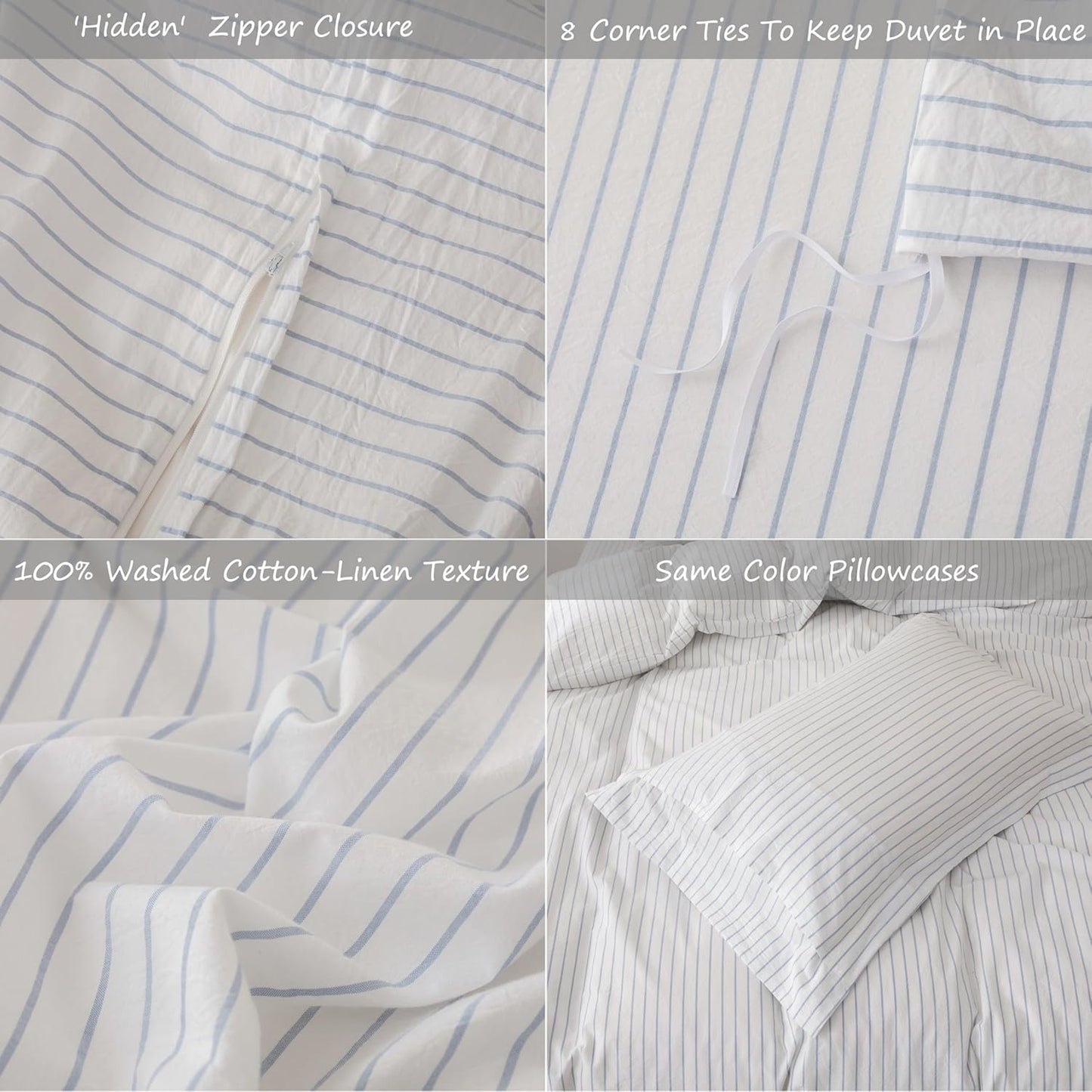 Stripe Linen Feel Duvet Cover Queen Size 90inch x 90inch,100% Washed Cotton Duvet Cover with Zipper Closure and 2 Pillowcases, Stripe of White-Cornflower Blue