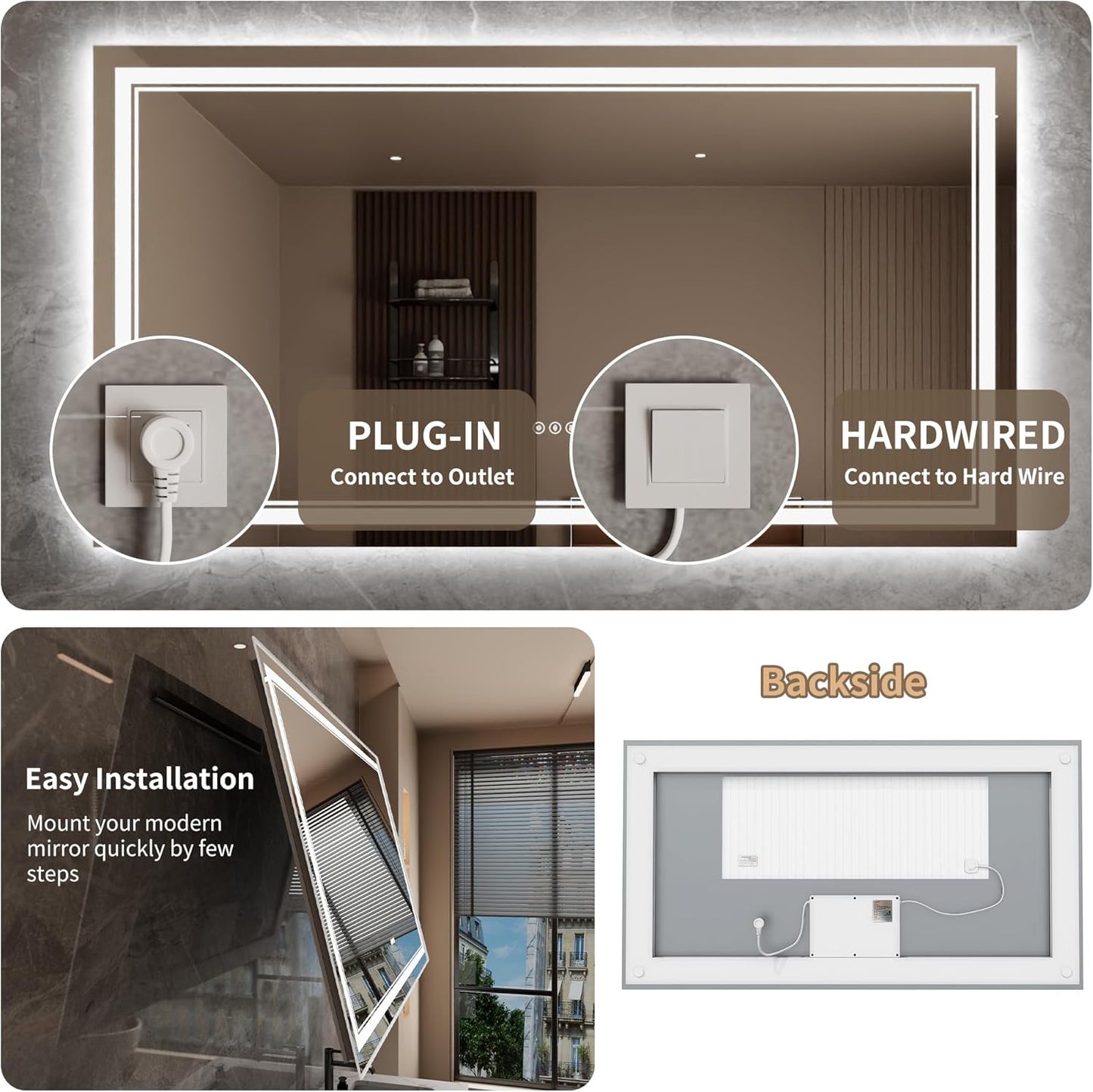 Bathroom Mirror with Lights 30"X55" with Front Light and Backlit, Tempered Glass, Wall Mount Horizontal/Vertical, Stepless Dimmable, 3 Colors, Anti Fog, Bathroom Memory LED Mirror