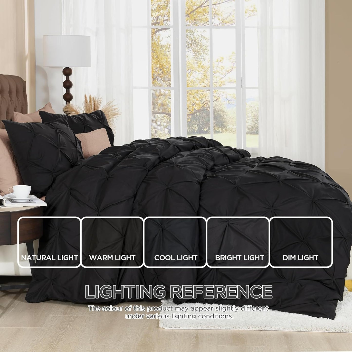 Litanika Black Oversized Queen Pinch Pleat Duvet Cover, 3 Pieces Pintuck Cover Soft Microfiber Bedding Set with Zipper Closure & Corner Ties(1 Duvet Cover, 2 Pillowcases)
