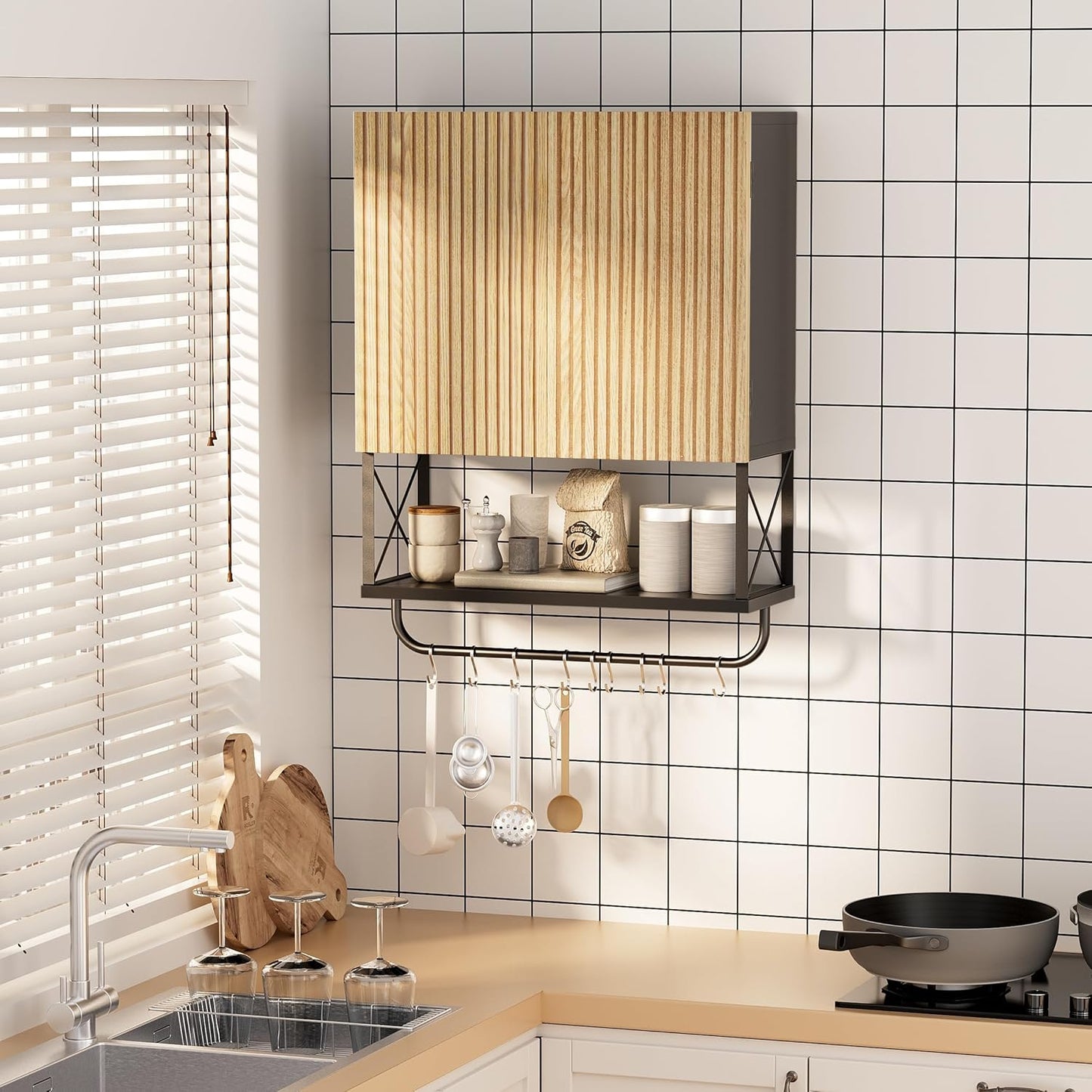 Bathroom Wall Medicine Cabinet, Fluted Hanging Wall Mounted Cabinet with Towel Bar, Above Toilet Storage Cabinet for Bathroom Organizers and Storage, Medium Size, Black
