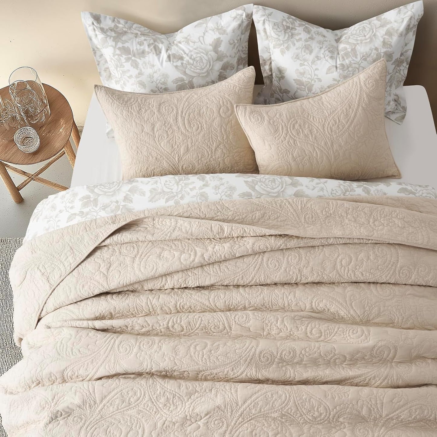 EVERGRACE 100% Cotton Paisley Quilt Set, King Size 3 Piece Set – Prewashed Lightweight Bedspread with 2 Shams, Soft & Breathable Matelasse Coverlet for All-Season Comfort, Flax Beige