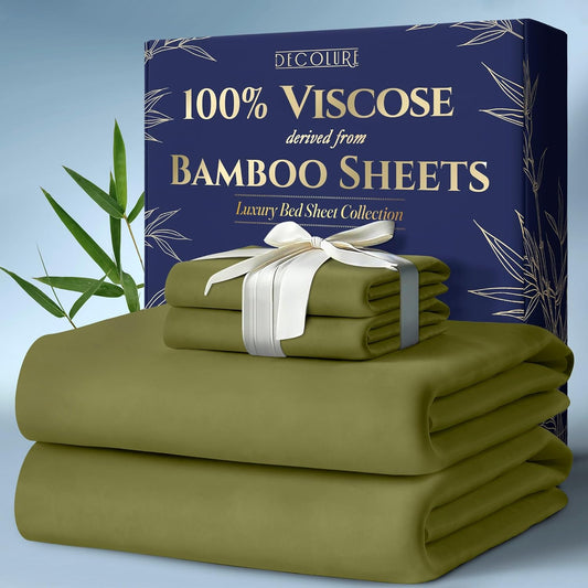 DECOLURE 100% Viscose Derived from Bamboo Sheets King Size 4pcs - Ultra Soft & Luxuriously Cooling, 17" Deep Pocket, Double Stitching, Perfect for Hot Sleepers - King Bed Sheets (Light Olive)