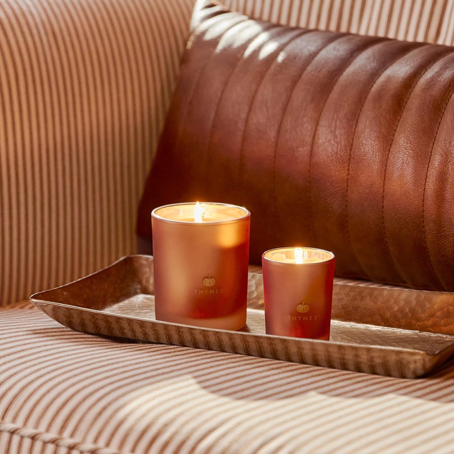 Thymes Scented Candles for Home Decor - Luxury Home Fragrance Gifts for Women & Men - Fall Candles with Creamy Pumpkin, Nutmeg, & Cinnamon - Burnt Orange Votive (Pumpkin Laurel, 2 oz)