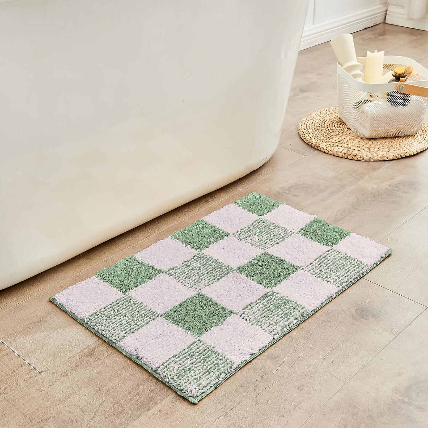 CozeCube Bath mats for Bathroom Non Slip, Fluffy Absorbent Microfiber Bath mat Washable, Aesthetic Bathroom Rugs, Small Sage Green Checkered Bath mat, Sage Green, 24" x 16"