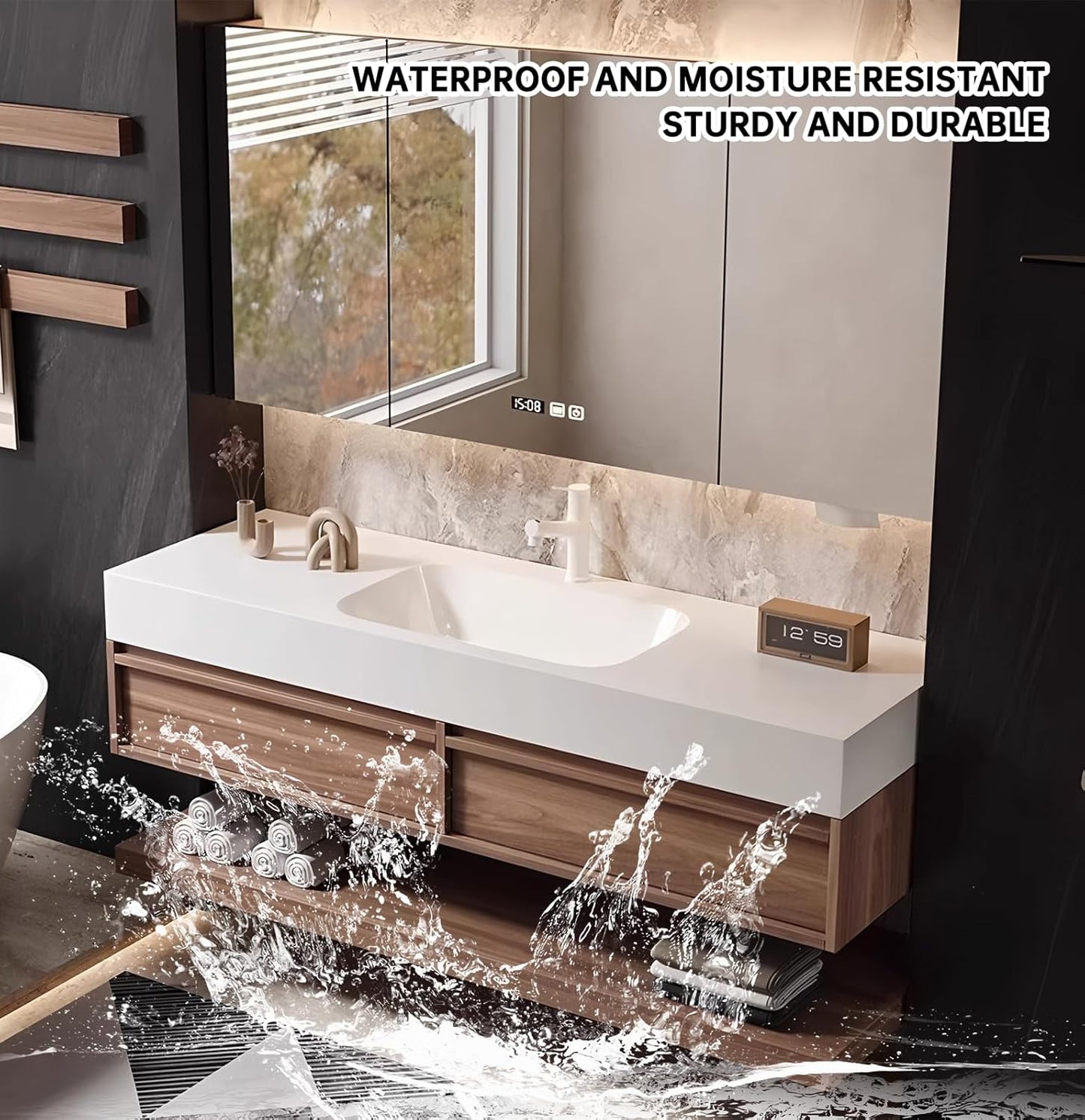 72" Bathroom Vanity, Floating Bathroom Vanity with Sink, Solid Wood Vanities with Smart Defogging Mirror Cabinet, Slate Countertop and Faucet, Wall Mount Bath Furniture Cabinet with Drawers (Walnut)