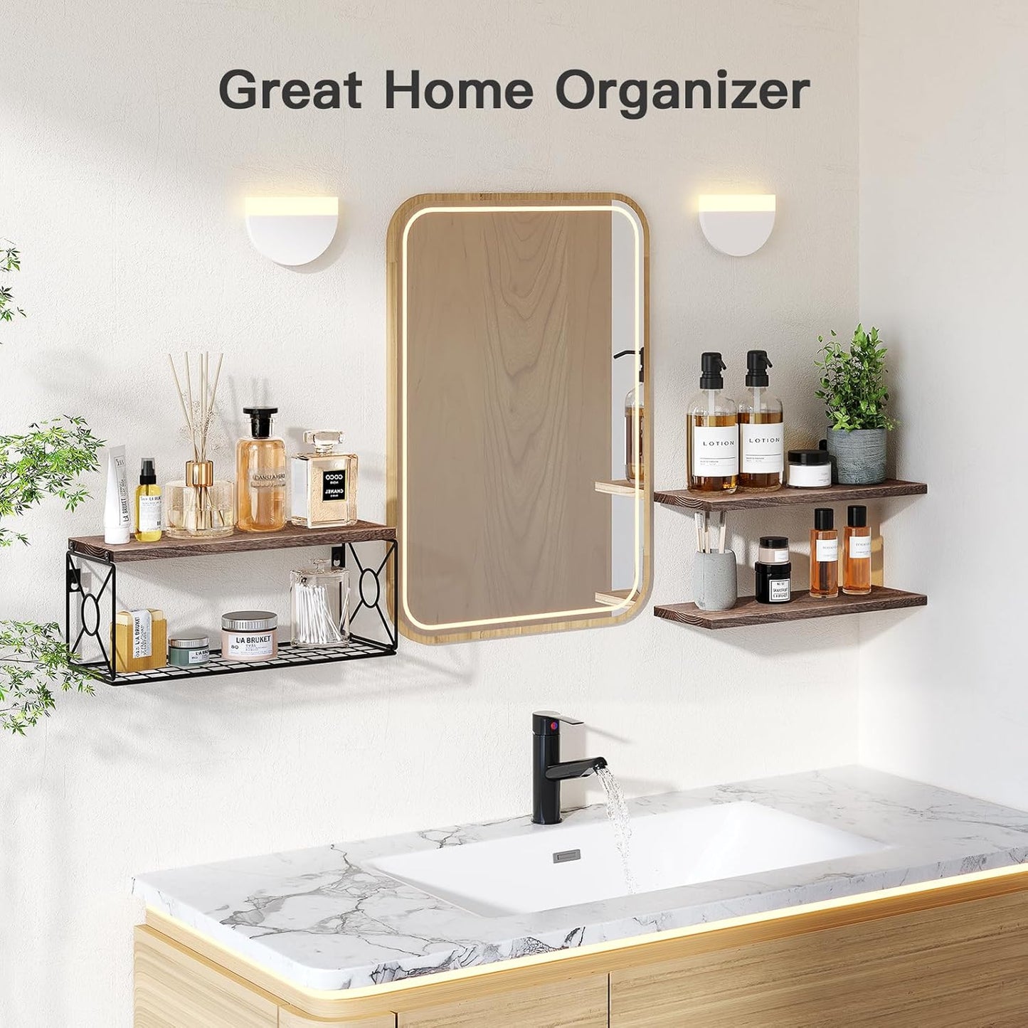 Amada Bathroom Shelves Over Toilet with Storage Basket, Floating Bathroom Wall Shelves for Home Organization & Wall Decor, Bathroom/Kitchen/Living Room Shelves–Rustic Brown