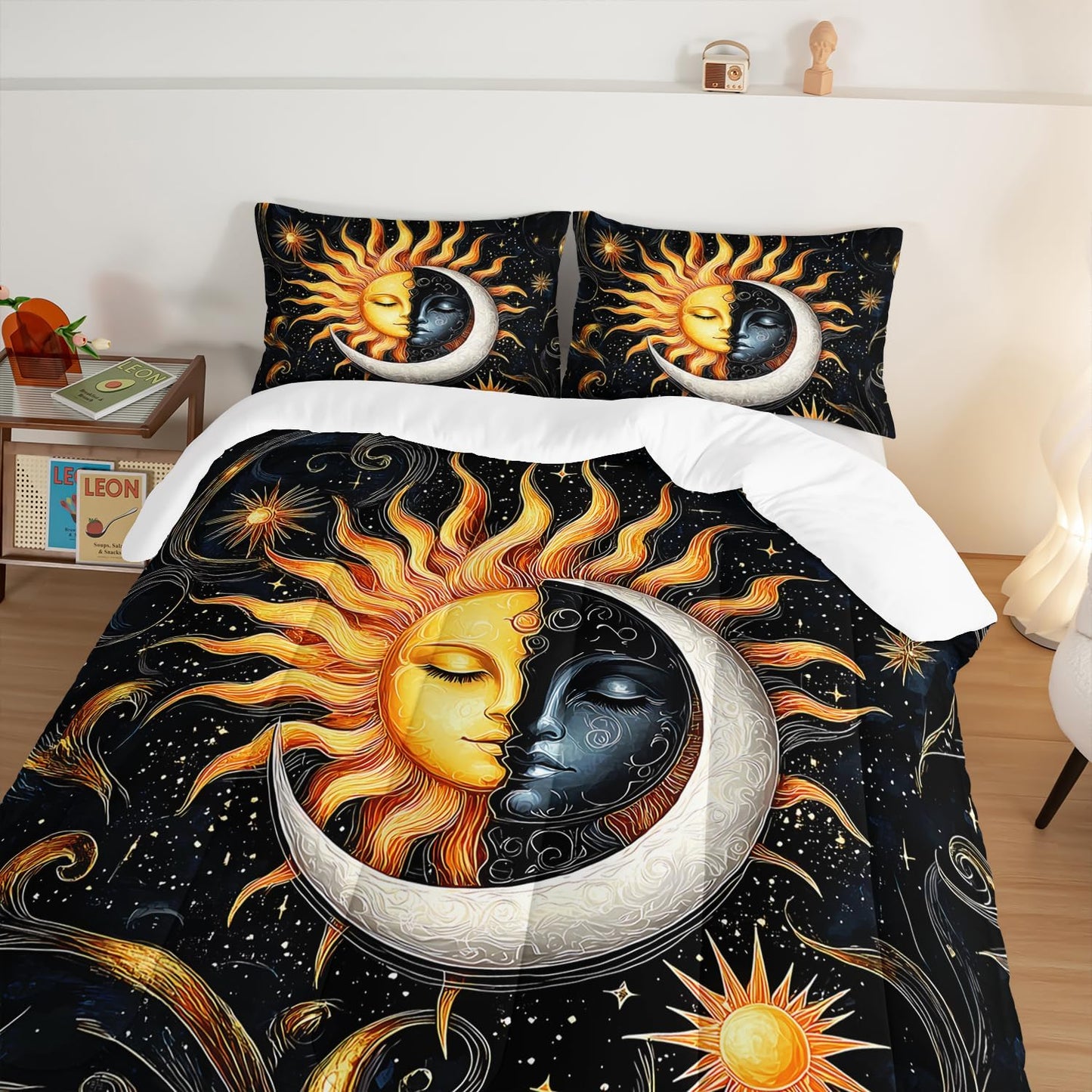 Sun and Moon Bedding Set King Size,Yellow Galaxy Celestial Bedding for Kids Boys Girls Teens Room Boho Decor,Black and Yellow Fluffy Comforter Sets with 2 Pillowcases.