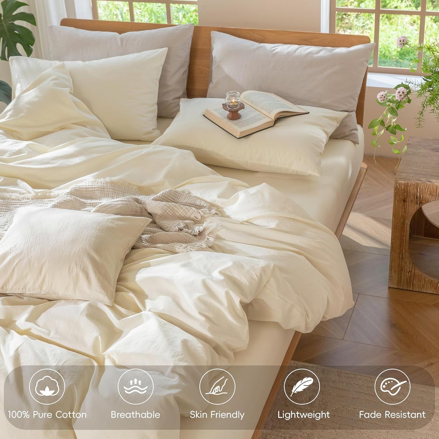 MooMee Bedding Duvet Cover Set 100% Washed Cotton Linen Like Textured Breathable Durable Soft Comfy (Solid Cream White, King 104"x90")