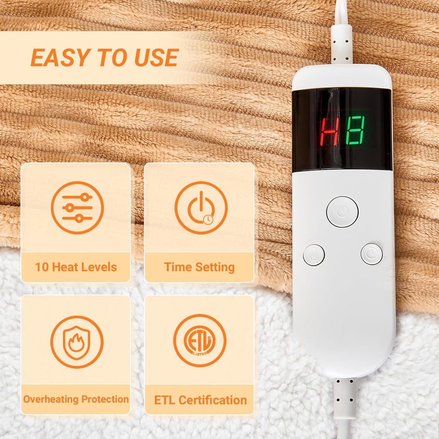 Heated Blanket Electric Full, Soft Flannel Heating Blanket with 8 Hours Auto Off 10 Fast Heating Levels Machine Washable Sherpa Heated Blanket with Overheating Protection