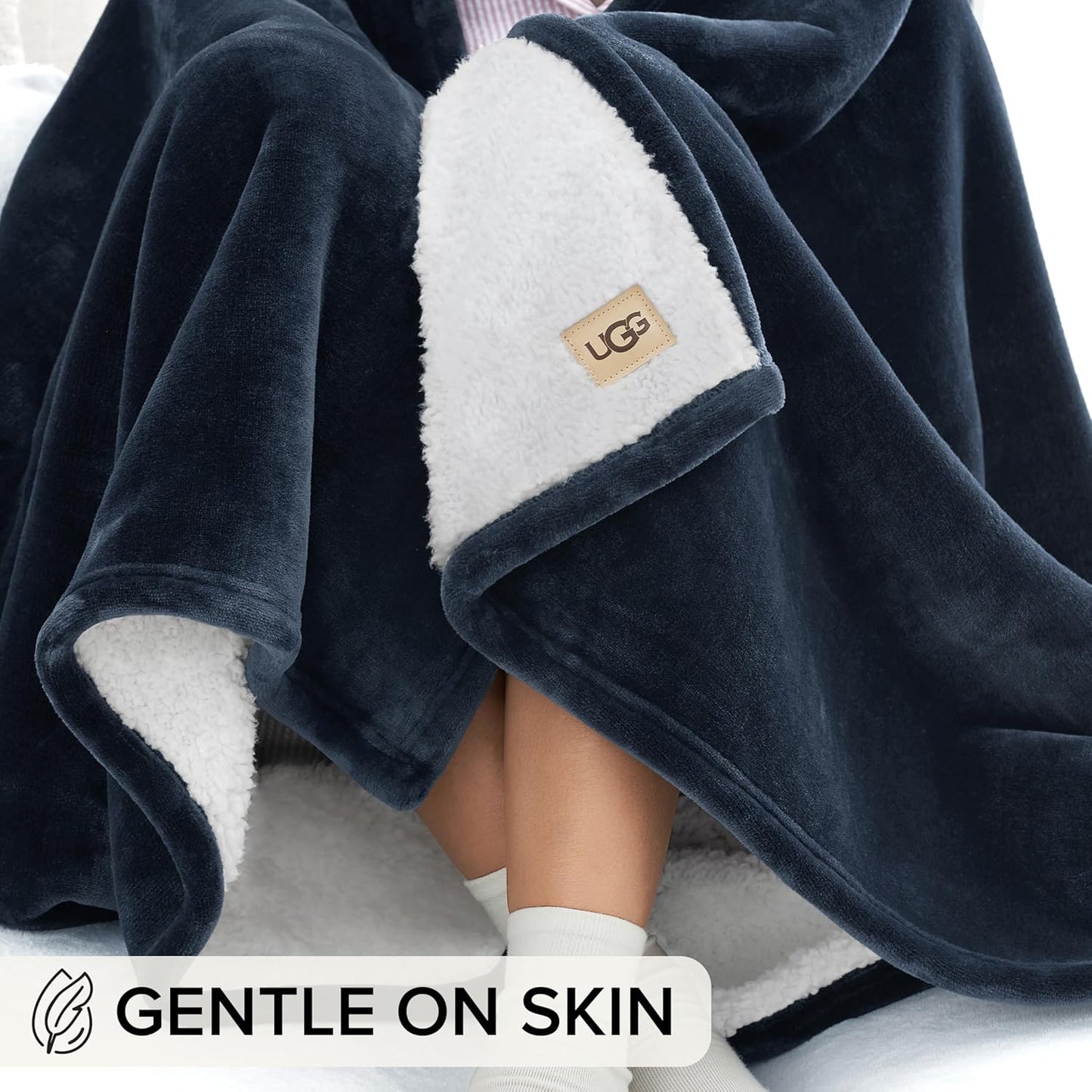 UGG Ariana Full/Queen Blanket Fleece Fluffy Reversible Soft Fuzzy Bedding Cozy Plush Warm Oversized Blanket Machine Washable Bedroom Decor for Big Couch or Bed, 90-inch x 90-inch, Navy Blue