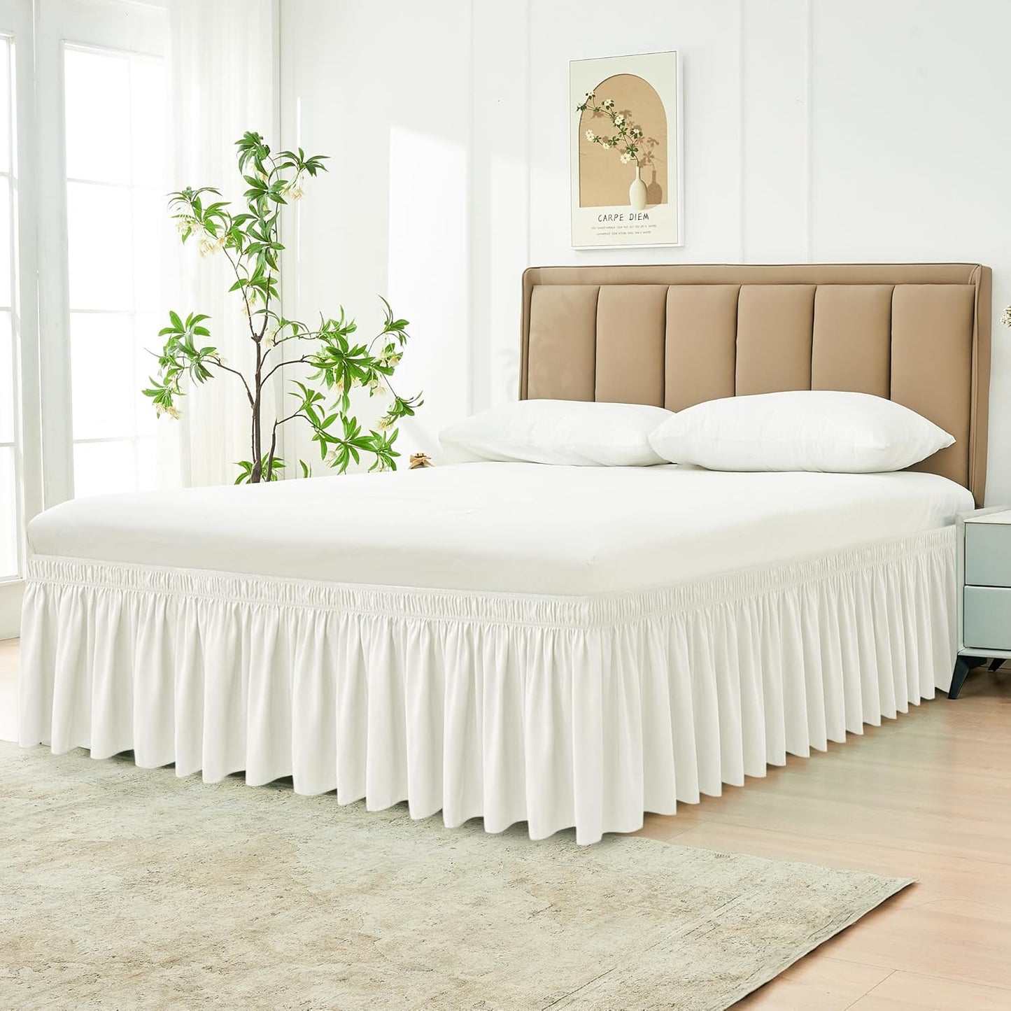 Biscaynebay Wrap Around Bed Skirts for King & Cal King Beds 21" Long Drop, Ivory Adjustable Elastic Dust Ruffles Easy Fit Wrinkle Resistant Silky Luxurious Fabric Machine Washable