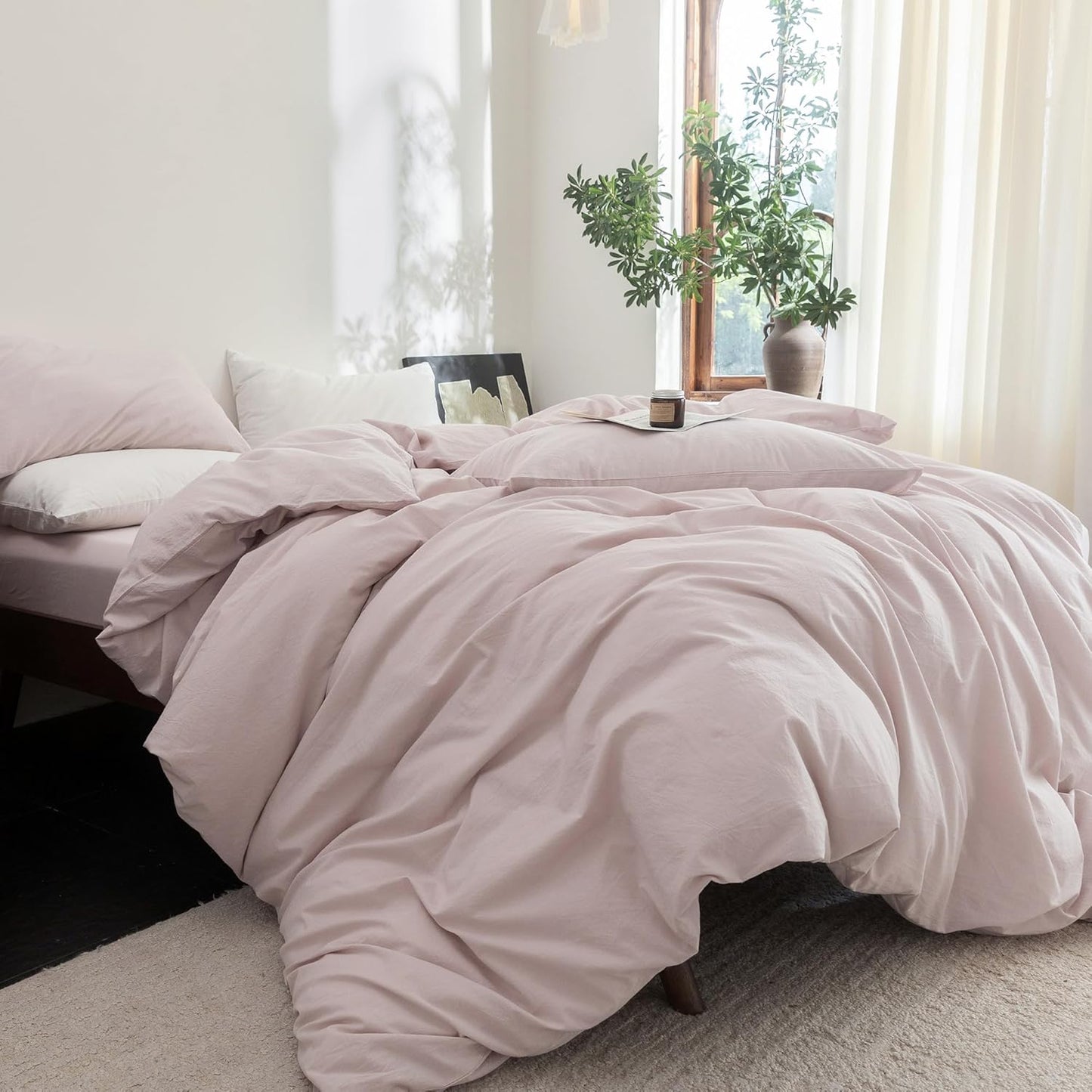 FOSSA Duvet Cover Set 100% Washed Cotton Linen Feel Super Soft Breathable Cozy 3 Pieces Bedding Sets Solid Greyish Pink Full/Double