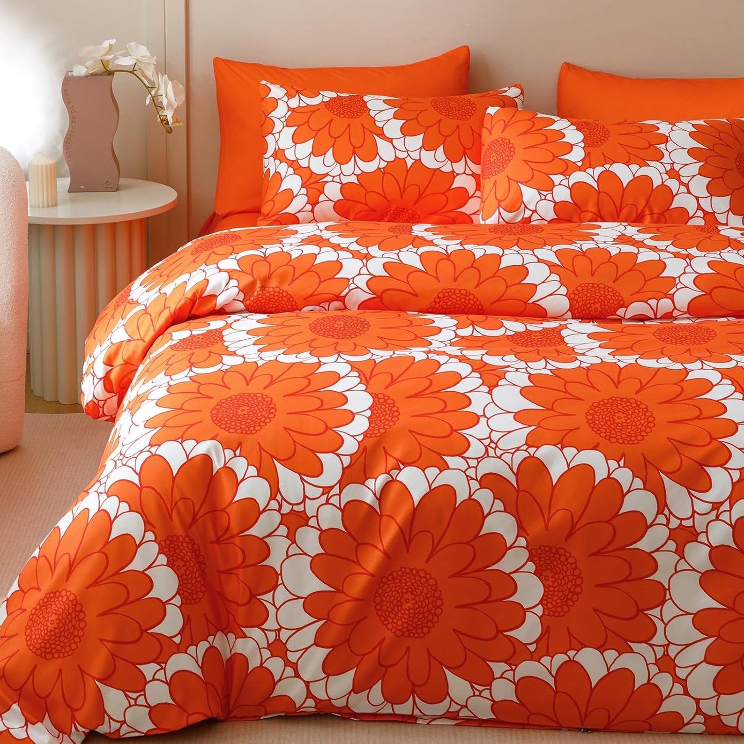 KAREVER Orange Sunflower Comforter Set King Size Orange Sunflower Bedding Set 3 PCs Comforter Set King Size Fluffy Linen Comforter Sets