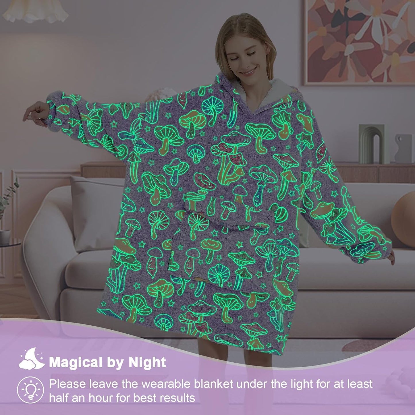 Glow in The Dark Mushroom Wearable Blanket Hoodie for Adult,Oversized Sherpa Fleece Blanket Hoodie for Women Men,Mushroom