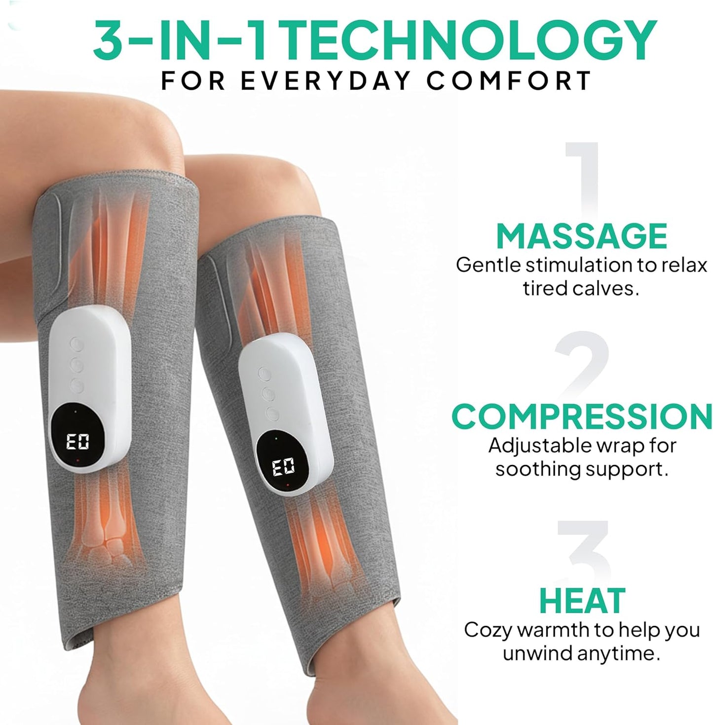 RejuvaFlow 3-in1 Leg Massager - The Official - Triple Method Calf Massager - Adjustable Calf Massager for Everyday Comfort & Relaxation - Dual Pack