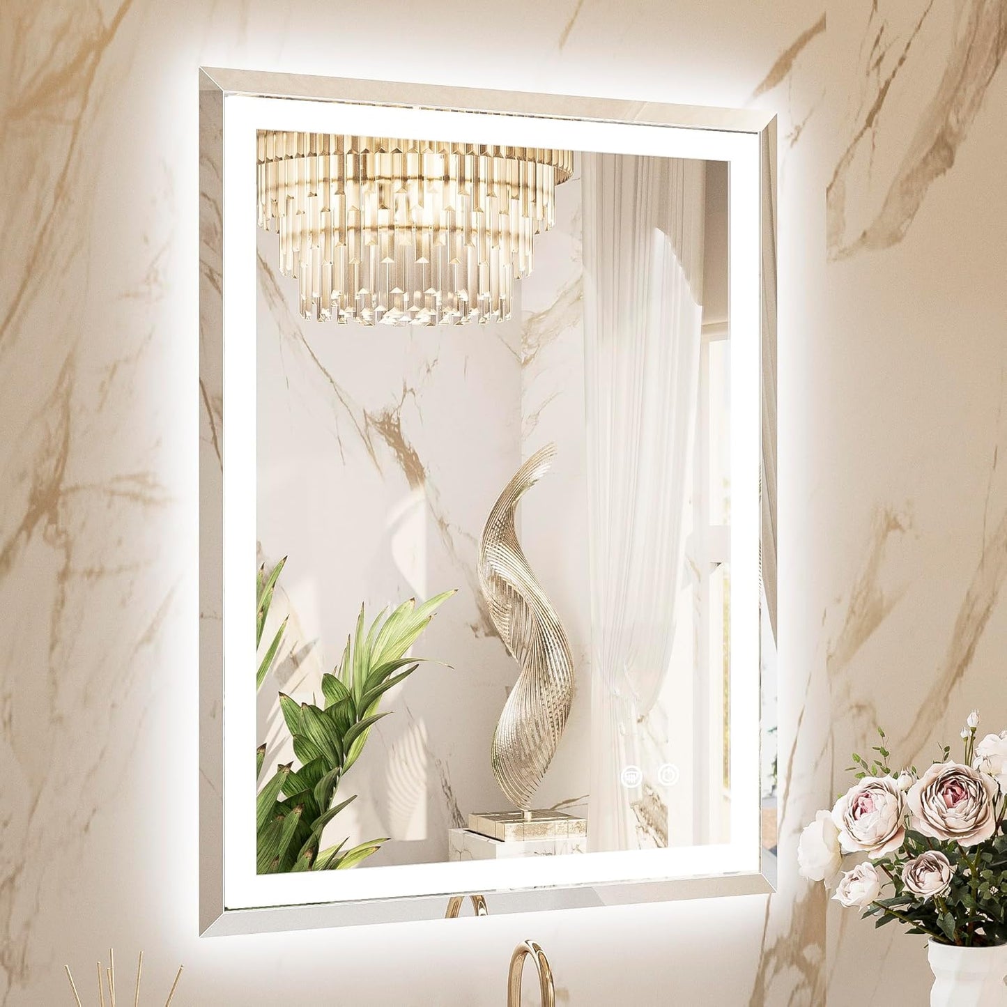TETOTE Led Lighted Bathroom Mirror with Beveled Edge, 28 x 36 Inch Frontlit & Backlit Bathroom Vanity Anti-Fog Mirror with Extra-Bright Lights, 3-Color Dimmable, Tempered Glass, Waterproof