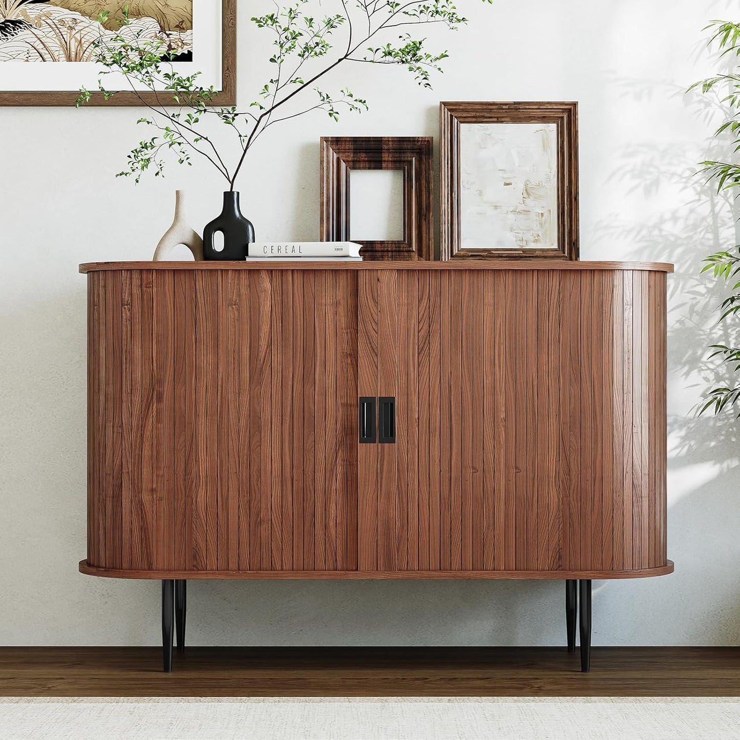 ARTPOWER 47.2" Sideboard Buffet Cabinet with Tambour Door, 6 Heights Adjustable Shelves, Accent Console Cabinet with Storage, Modern Credenza for Living Room, Dining Room, Entryway, Walnut