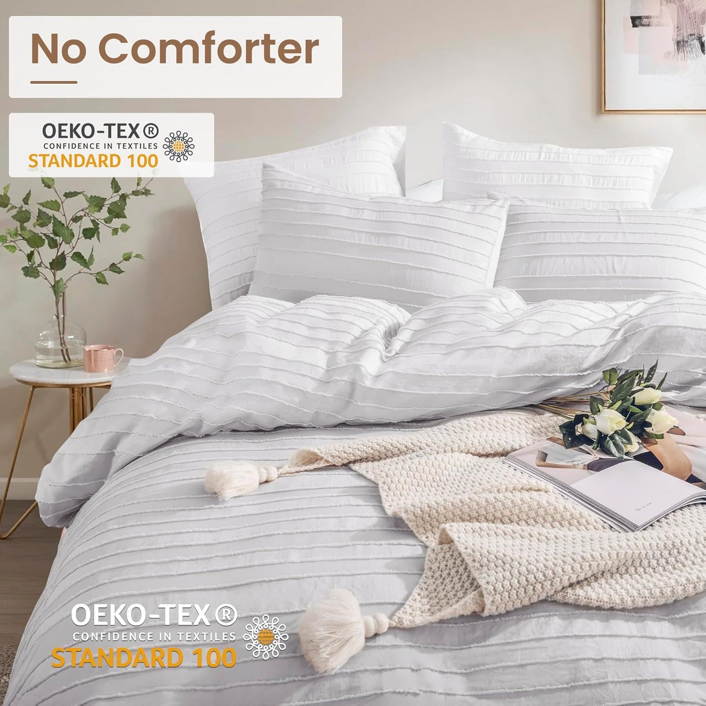 NEXHOME PRO Duvet Cover King Size, Light Grey 3 Pieces Boho Tufted Duvet Cover Set, Soft and Lightweight Microfiber Comforter Cover Set for All Season (Light Grey King, 104 x 90)-No Comforter