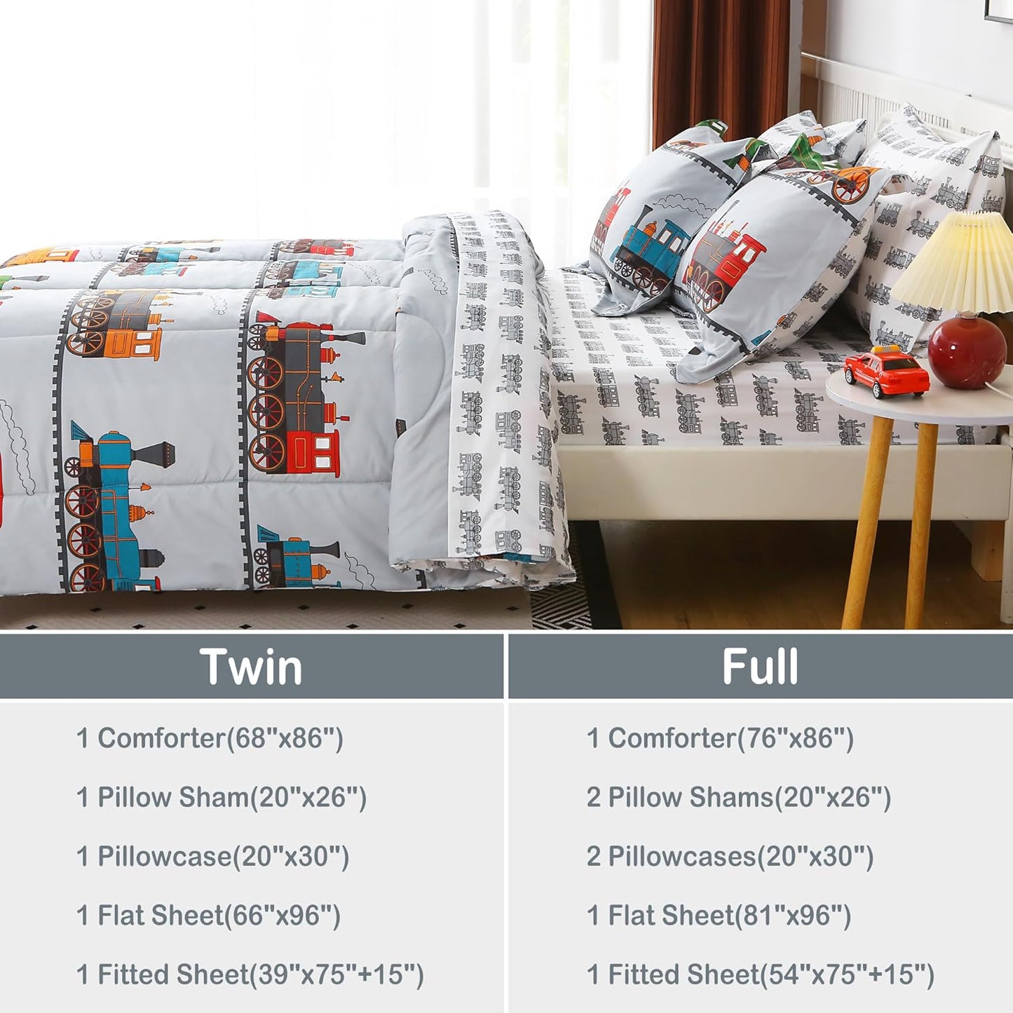 Viviland Kids Full Bedding Sets for Boys, Soft Full Comforter Set with Sheets, 7 Pieces Microfiber Bed in a Bag, Light Grey Train