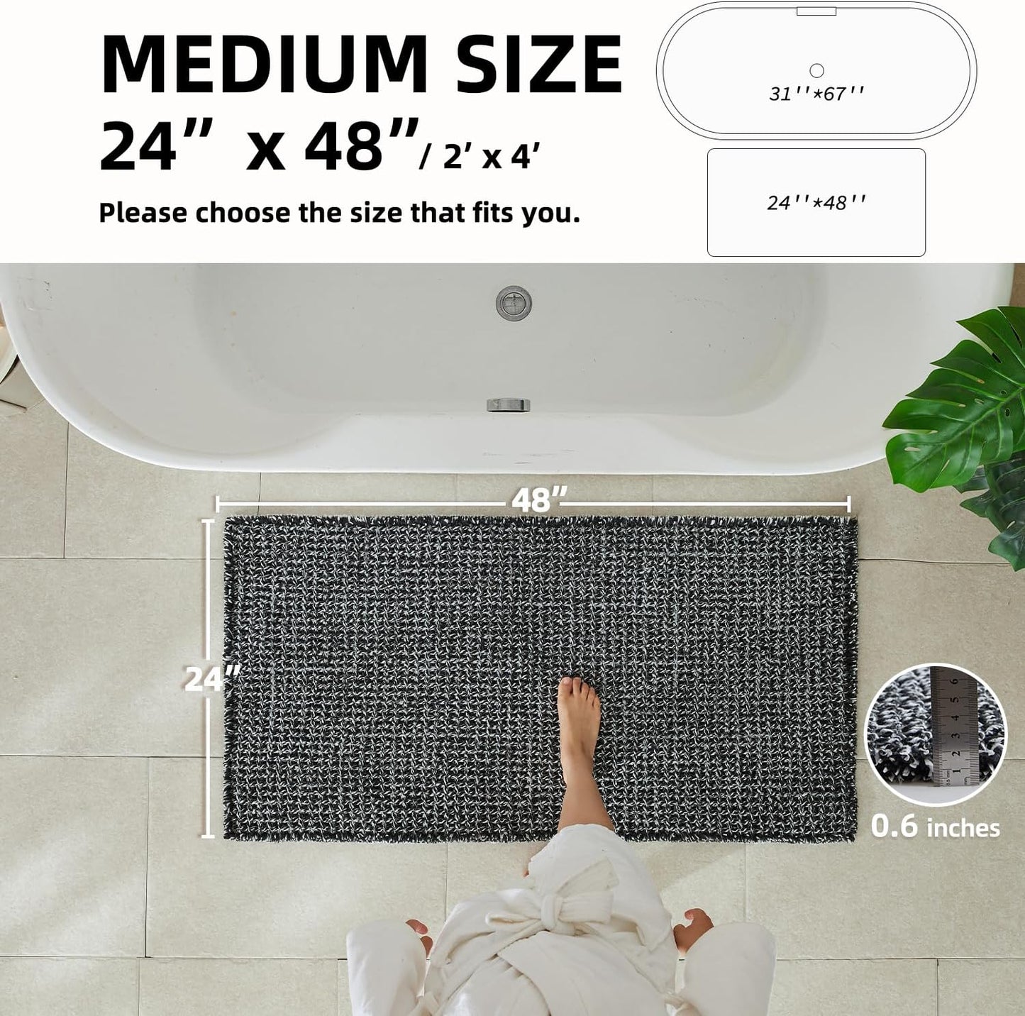 Black and White Bathroom Rugs, Waffle Bath Mat Non Slip Washable Super Absorbent Quick Dry Boho Farmhouse Bathroom Decor, 48"x24" Black and White