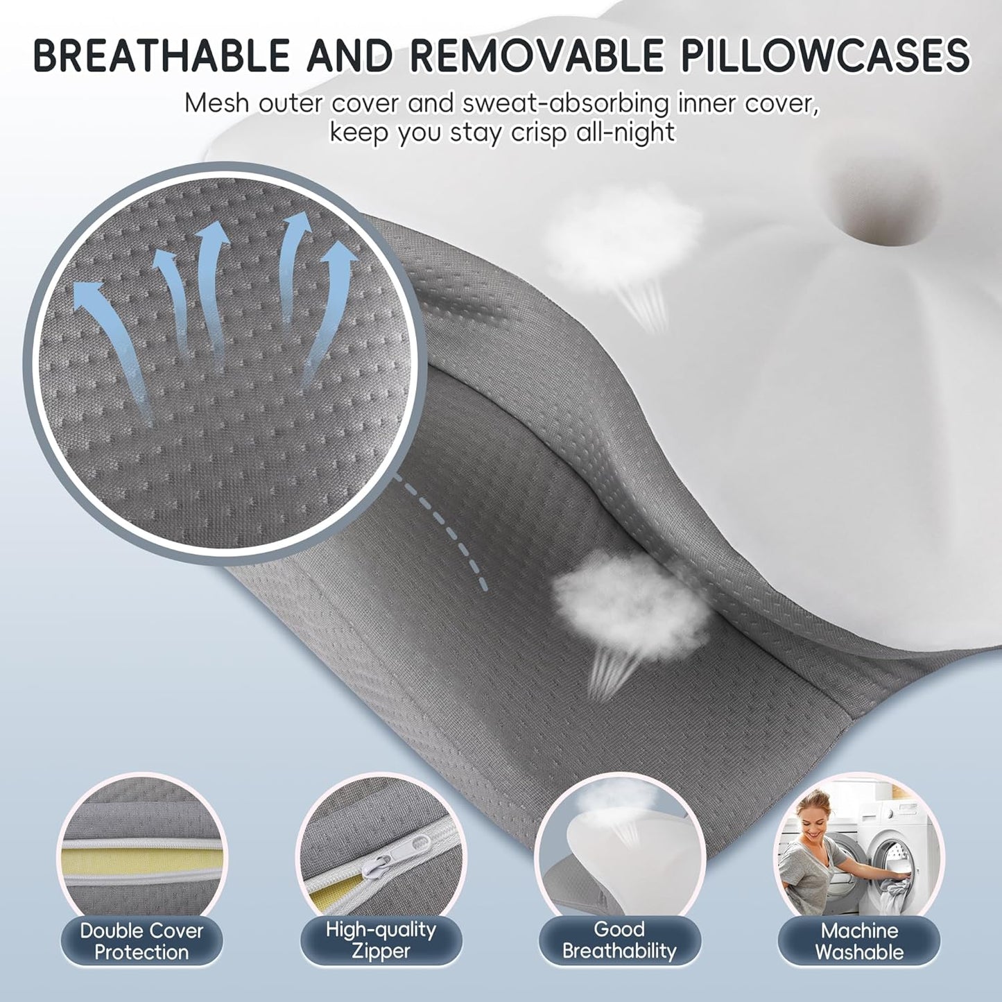 Cervical Neck Pillow, Ergonomic Side Sleeper Pillow for Pain Relief, Cooling Pillow for Sleeping, Neck and Shoulder, Contour Orthopedic Memory Foam Pillows for Back Stomach Sleepers White Grey