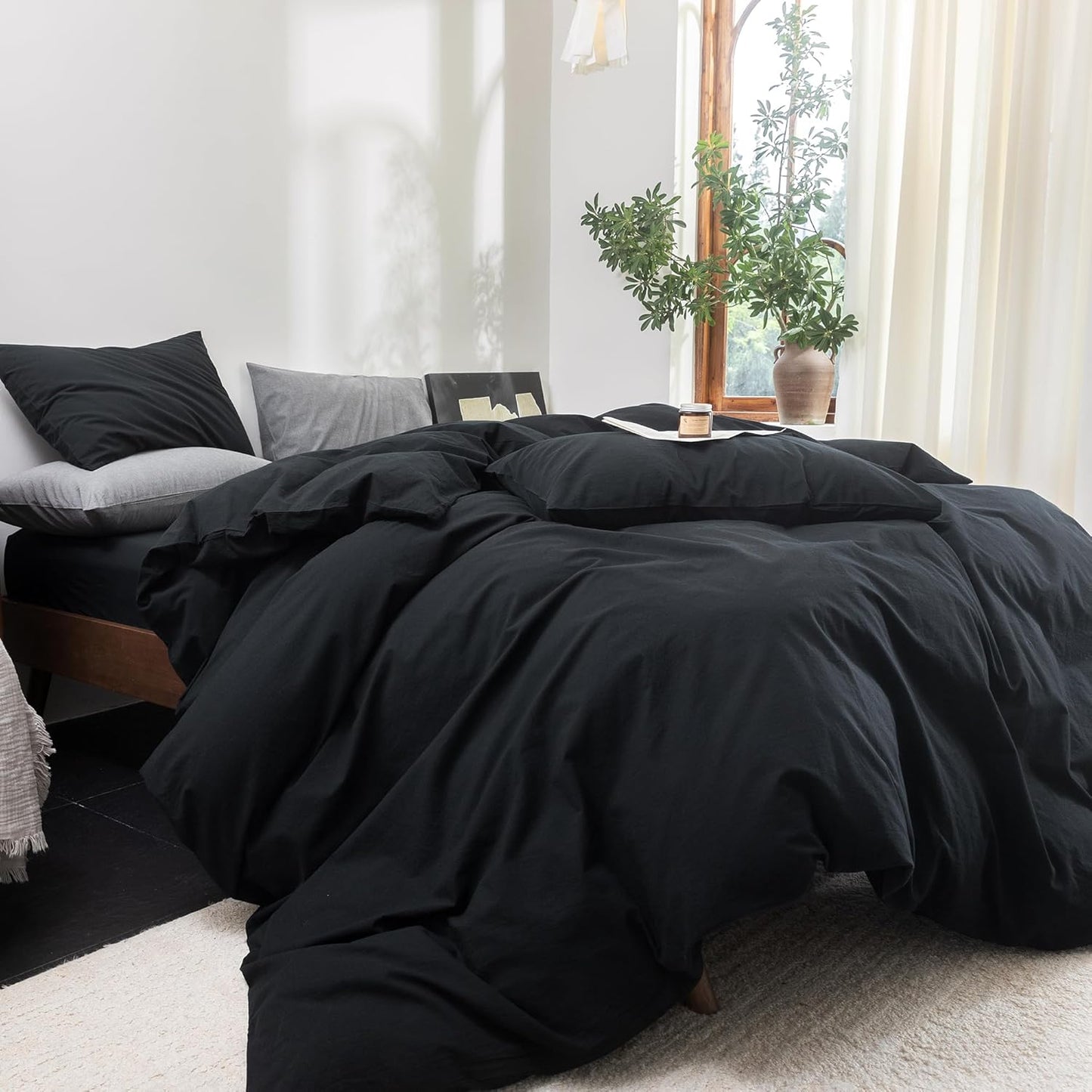FOSSA Duvet Cover Set 100% Washed Cotton Linen Feel Super Soft Breathable Cozy 3 Pieces Bedding Sets Solid Black Super Queen