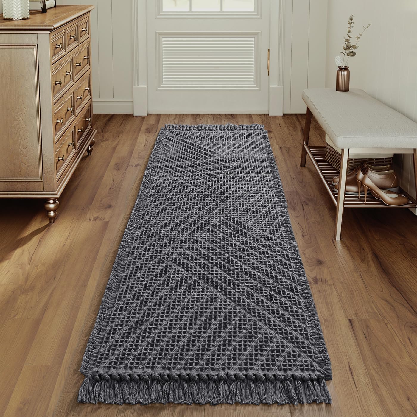 H.VERSAILTEX Waffle Bath Runner Rug Long Bath Mat Super Absorbent Boho Bath Rugs Non Slip Bath Runner for Bathroom Floor Machine Washable Dry Fast Bathroom Rugs with Tassels, 24" x 72", Gray