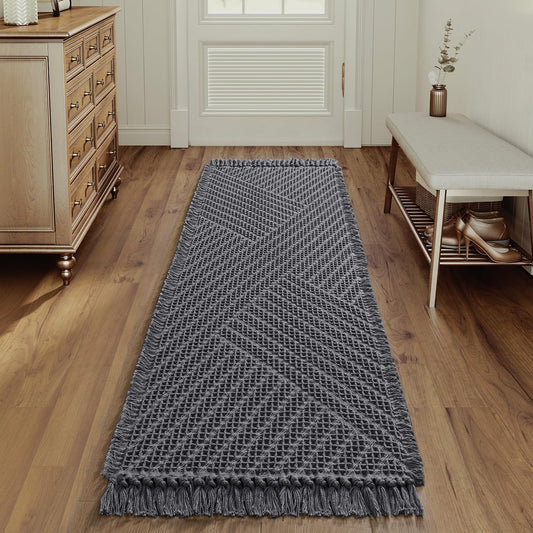 H.VERSAILTEX Waffle Bath Runner Rug Long Bath Mat Super Absorbent Boho Bath Rugs Non Slip Bath Runner for Bathroom Floor Machine Washable Dry Fast Bathroom Rugs with Tassels, 24" x 72", Gray