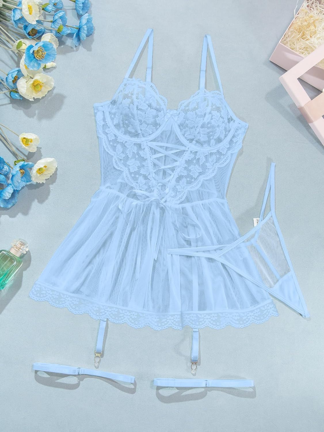 Lilosy Sexy Garter Belt Mesh Lace Babydoll Lingerie Dress Set with Thong