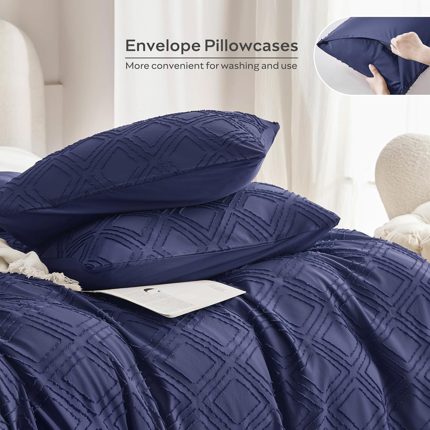 JELLYMONI Duvet Cover Full Size Navy Blue - 3PCS Boho Duvet Cover Set Plaid Polyester Tufted Bohemian Jacquard Knit Textured Comforter Cover 80×90in Rhombic Geometric Pattern Corner Ties & Zipper