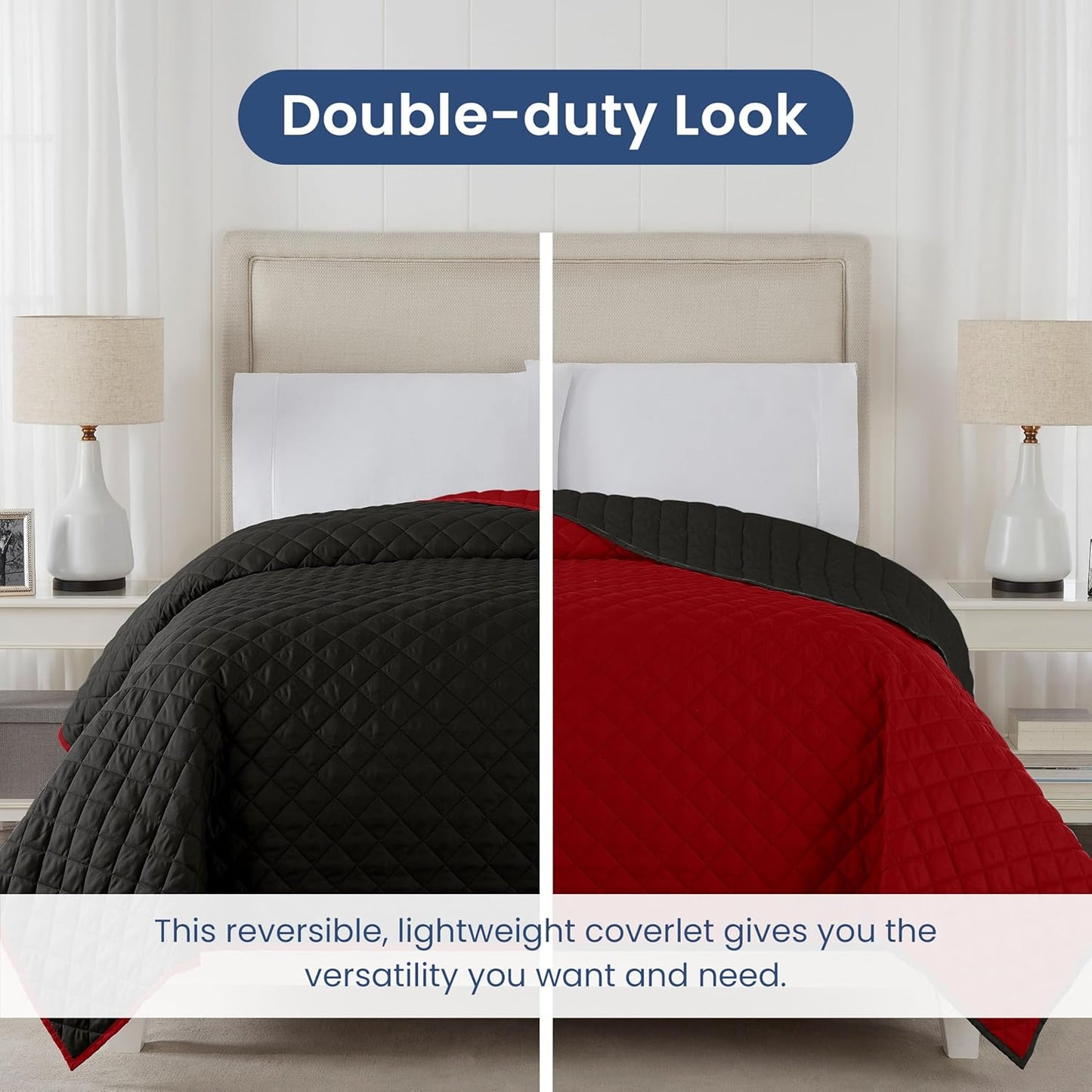 Martex Reversible Coverlet – Full Queen Size Quilt - Lightweight Full Size Bedding– Durable Queen Size Quilts for Bed – Soft - Easy Care Bedding – Ebony/Red