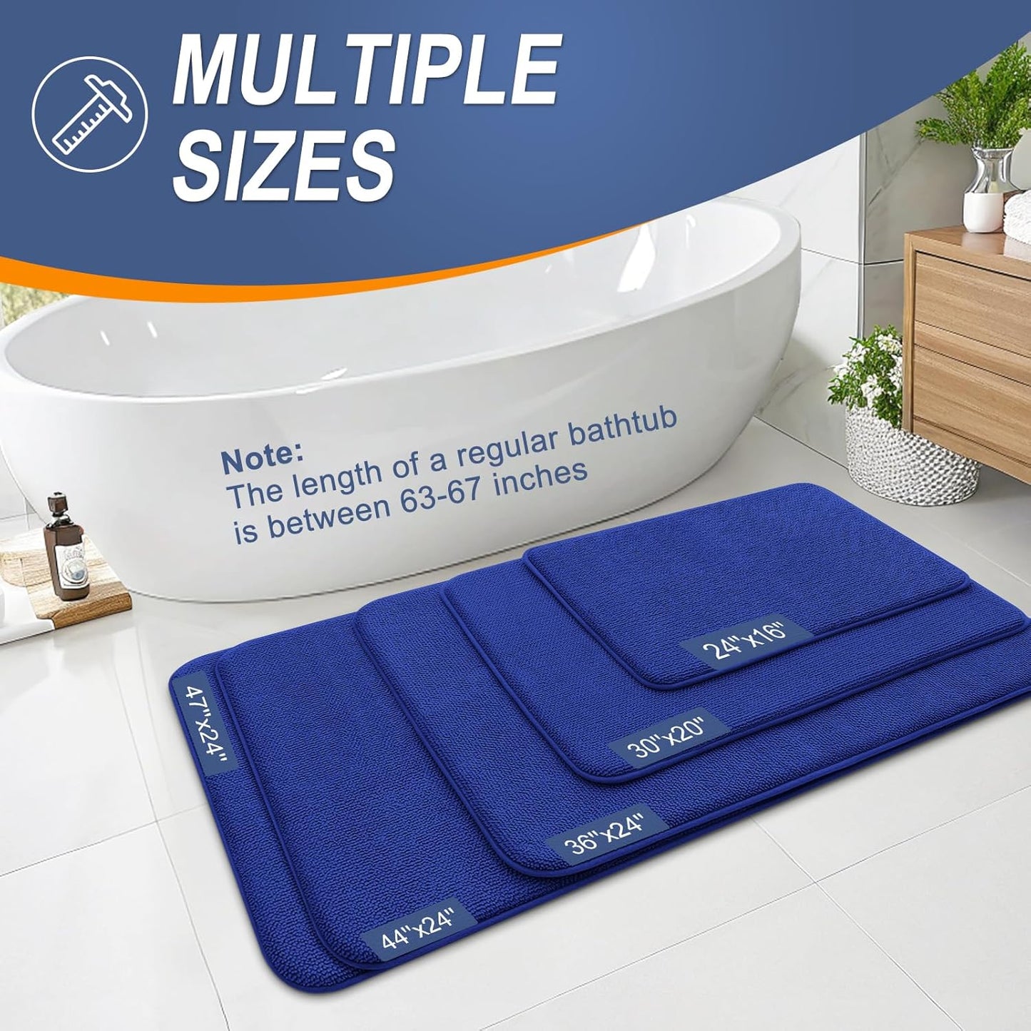 OLANLY Thick Memory Foam Bath Mat Rug 47x20, Extra Soft Absorbent Bathroom Rug, Quick Dry Bath Mats, Non-Slip, Machine Washable Carpet for Bathroom, Tub and Shower, Home Decor Accessories, Royal Blue