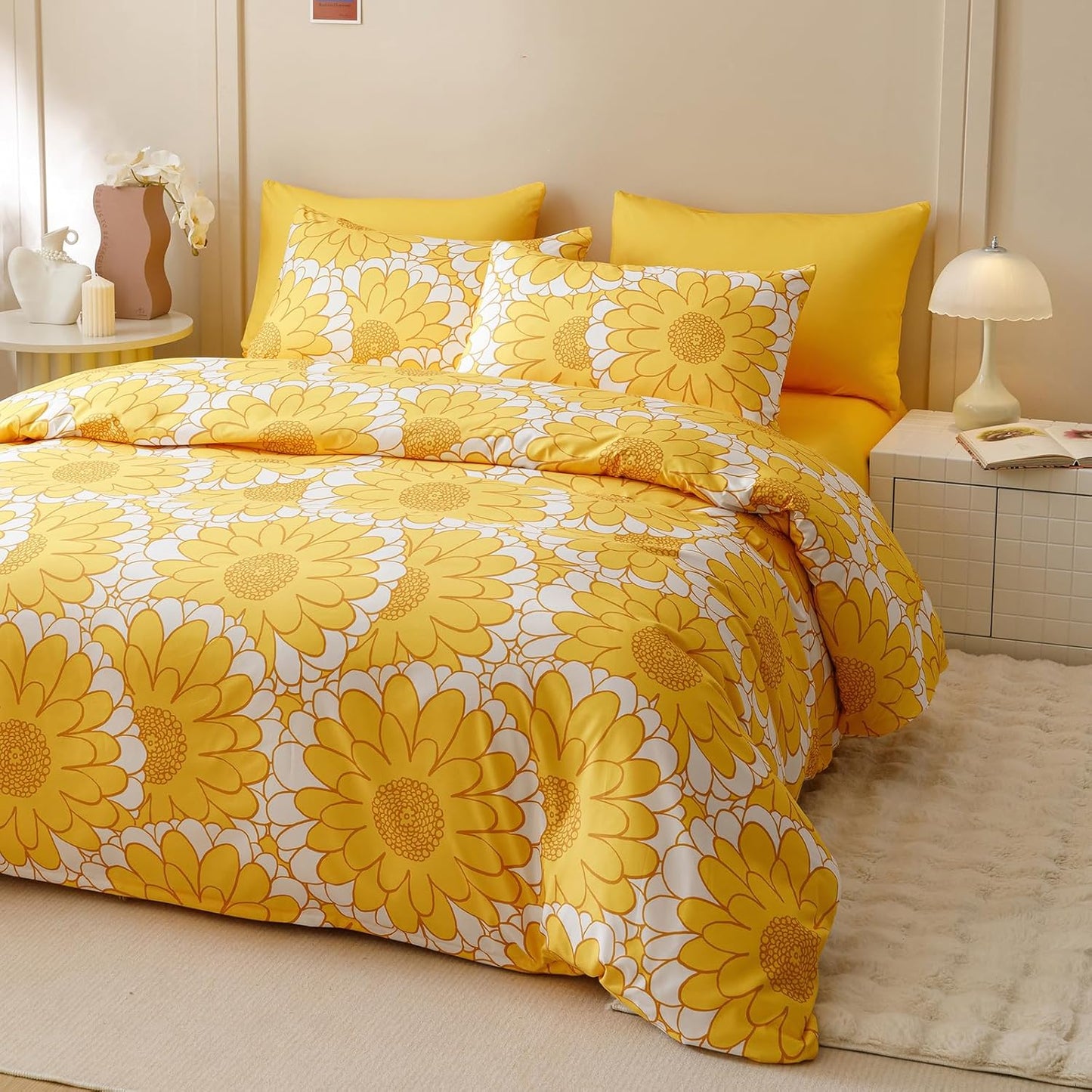 KAREVER Yellow Sunflower Comforter Set Queen Size Yellow Sunflower Bedding Set 3 PCs Comforter Set Queen Size Fluffy Linen Comforter Sets