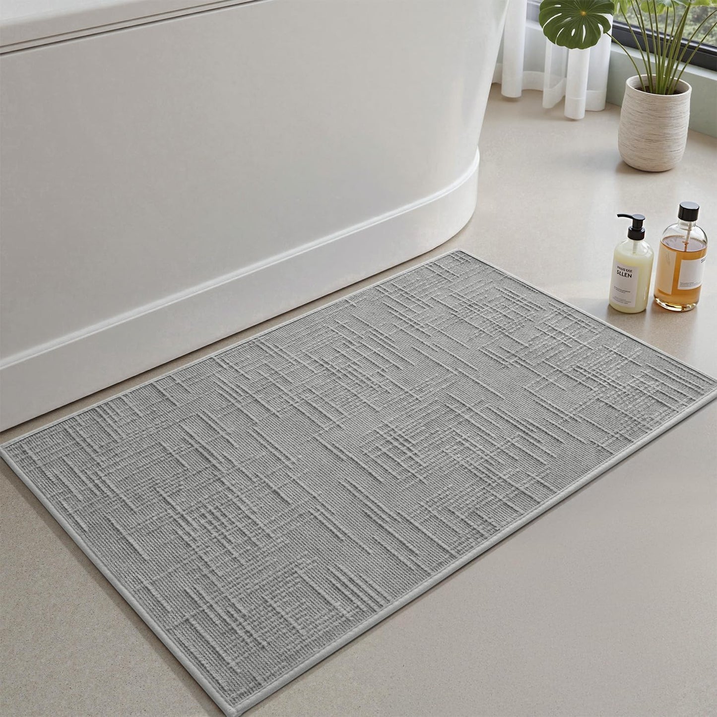 AMOAMI Bath Mat Non Slip Super Absorbent Quick Dry Bath Mats for Bathroom Floor Rubber Backing Washable Bathroom Rugs Modern Woven Jacquard Mat, Beside Tub Bath Rugs, 20" x 32", LightGrey
