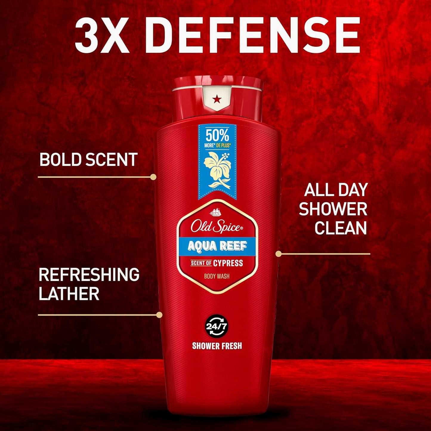 Old Spice Refreshing Body Wash for Men, 3X Defense, 24/7 Shower Fresh with Long Lasting Scent, Red Collection, Aqua Reef with Cypress Scent, 24 oz