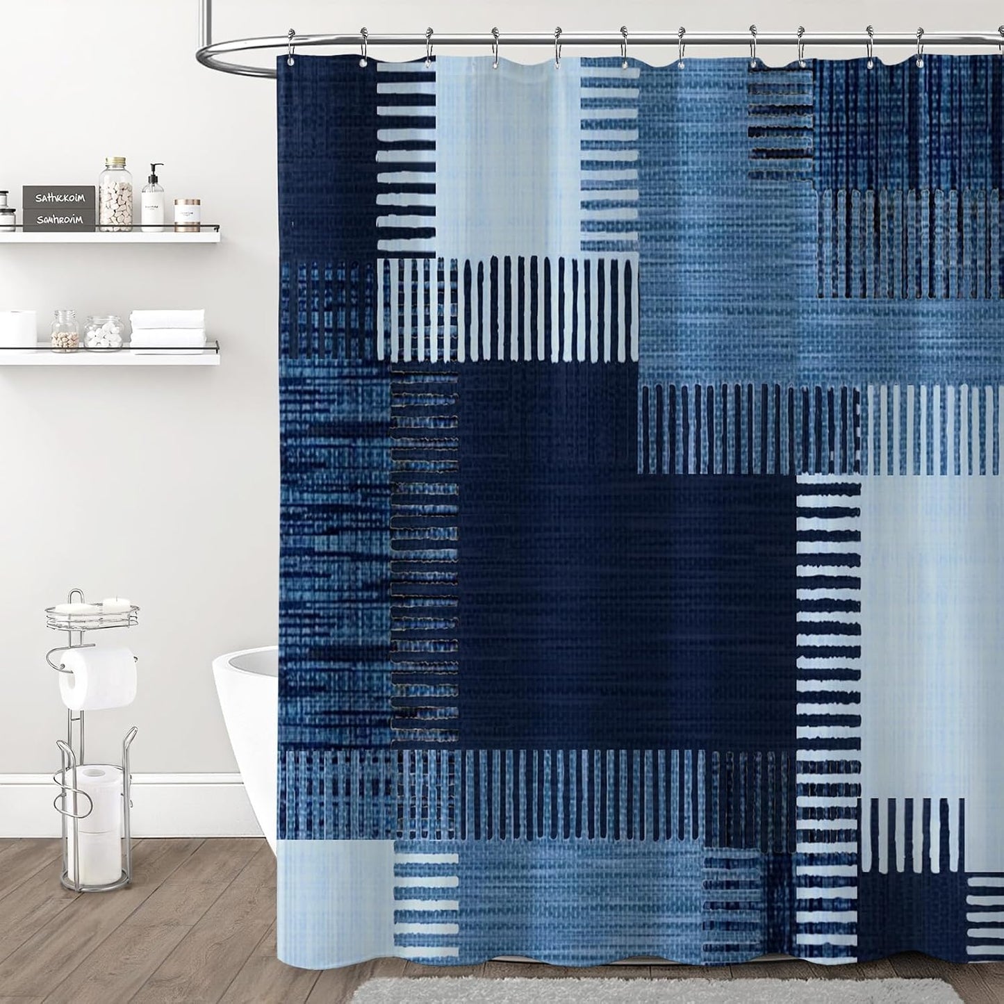 Navy Blue Fabric Shower Curtain,Modern Abstract Geometric Shower Curtain for Bathroom,72" W X 72" L