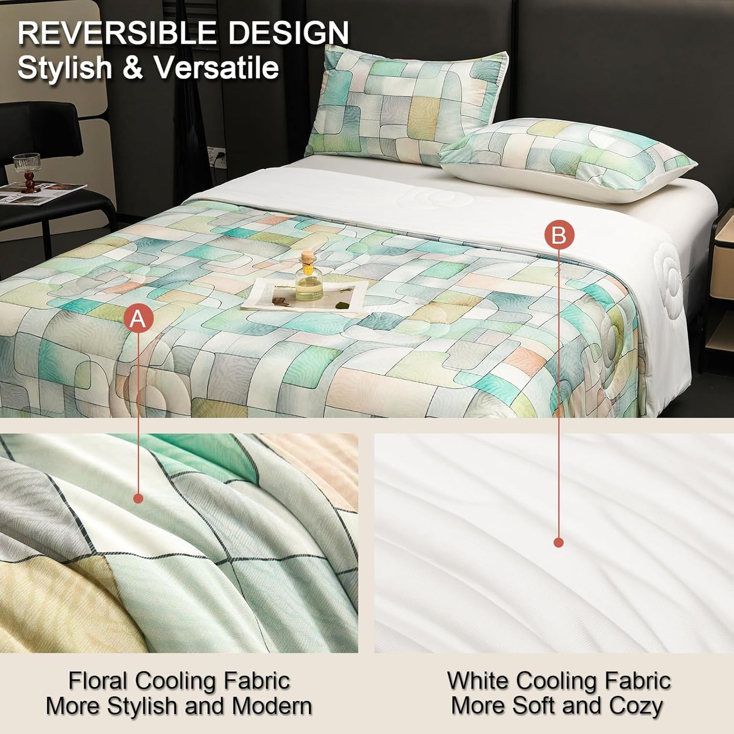 Cyusri Print Cooling Comforter Set 3Pcs Breathable Cool Queen Size Bedding Set with 2 Pillowcases Green Geometric Pattern Silky Cold Quilt, 90"x90"