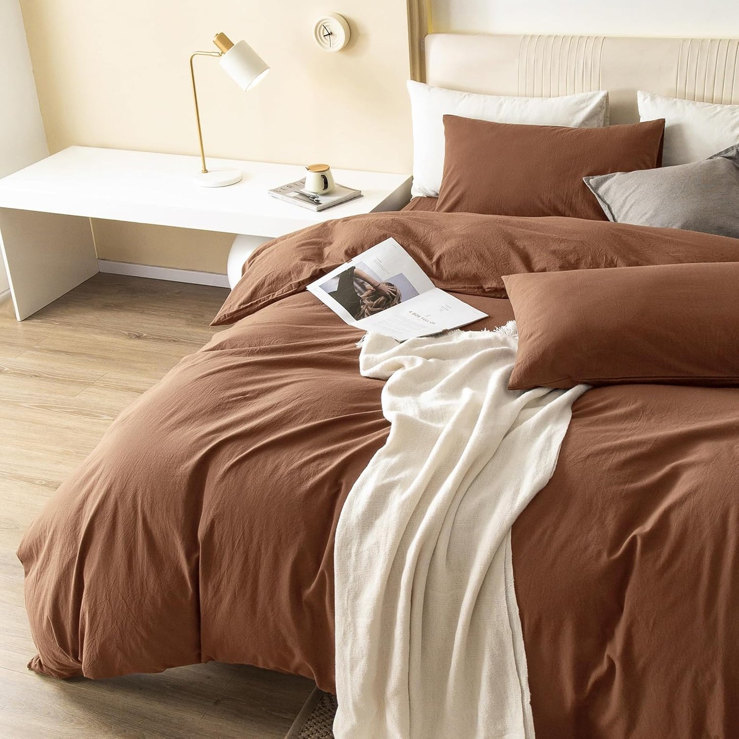 JIYUAN 100% Washed Cotton Duvet Cover Set 3 Pieces Oversized Queen, 1 Duvet Cover 98x98 Inches(Comforter Not Included) and 2 Pillowcases,Linen Feel Bedding Set Comfy and Breathable,Burnt Orange